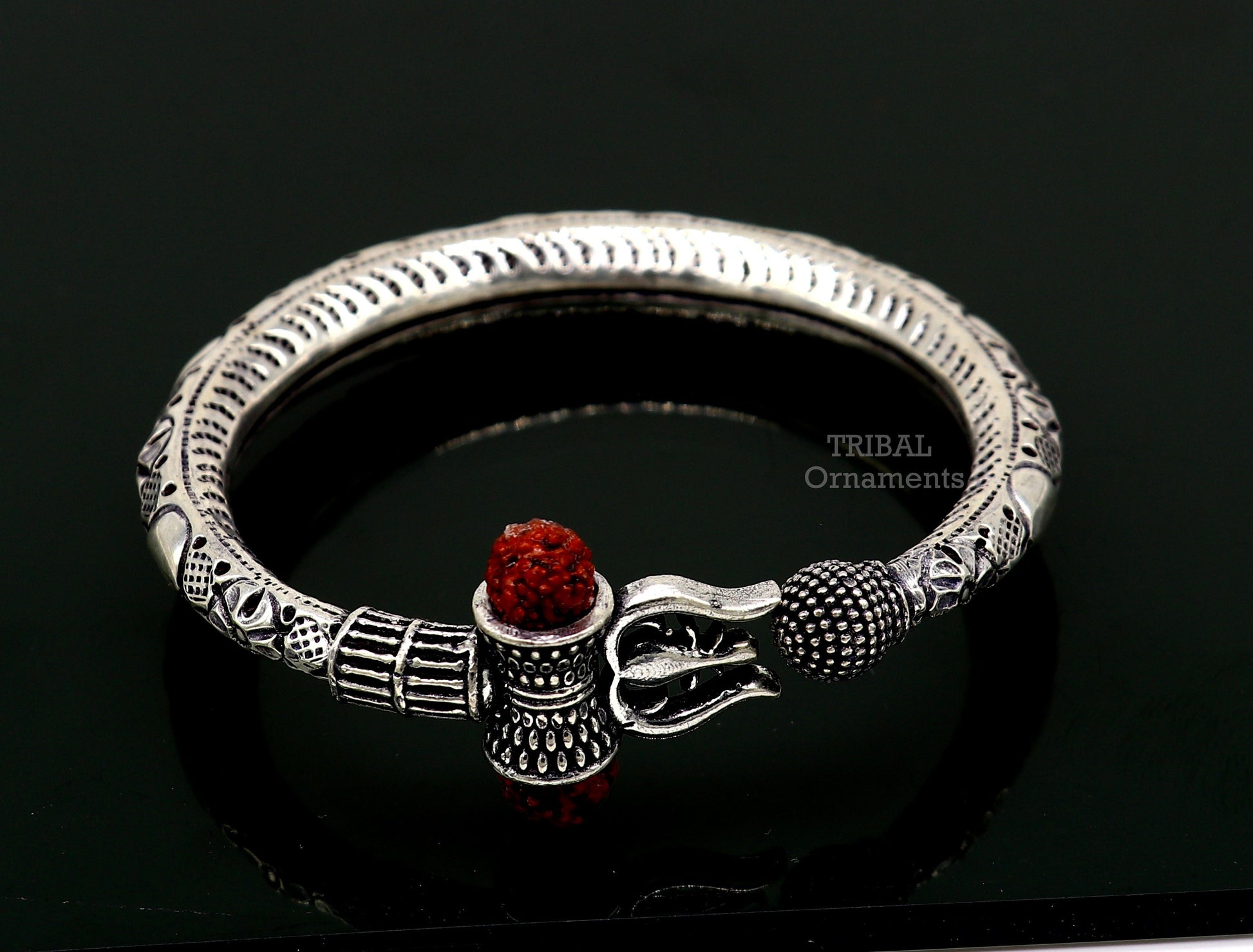 925 Sterling silver handmade chitai work Lord Shiva trident trishul kada bangle bracelet with natural Rudraksha customized kada nsk487 - TRIBAL ORNAMENTS