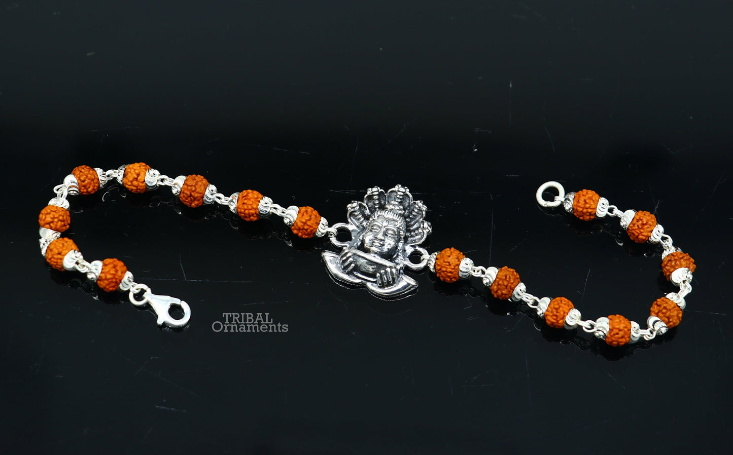 Amazing Stylish lord shiva 925 sterling silver bracelet in rudraksh/black basil/white basil and silver beaded chain rk255
