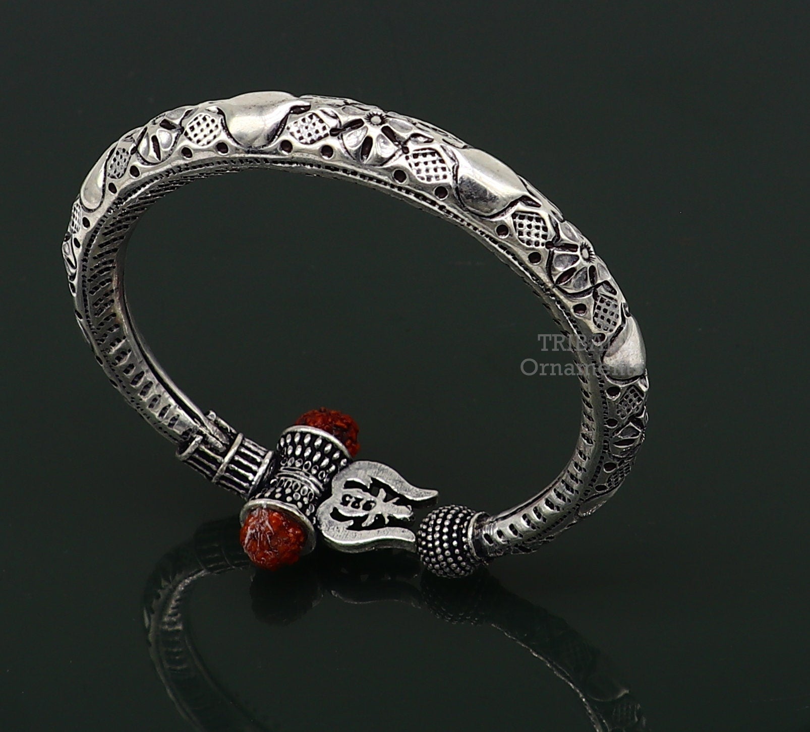 925 Sterling silver handmade chitai work Lord Shiva trident trishul kada bangle bracelet with natural Rudraksha customized kada nsk487 - TRIBAL ORNAMENTS