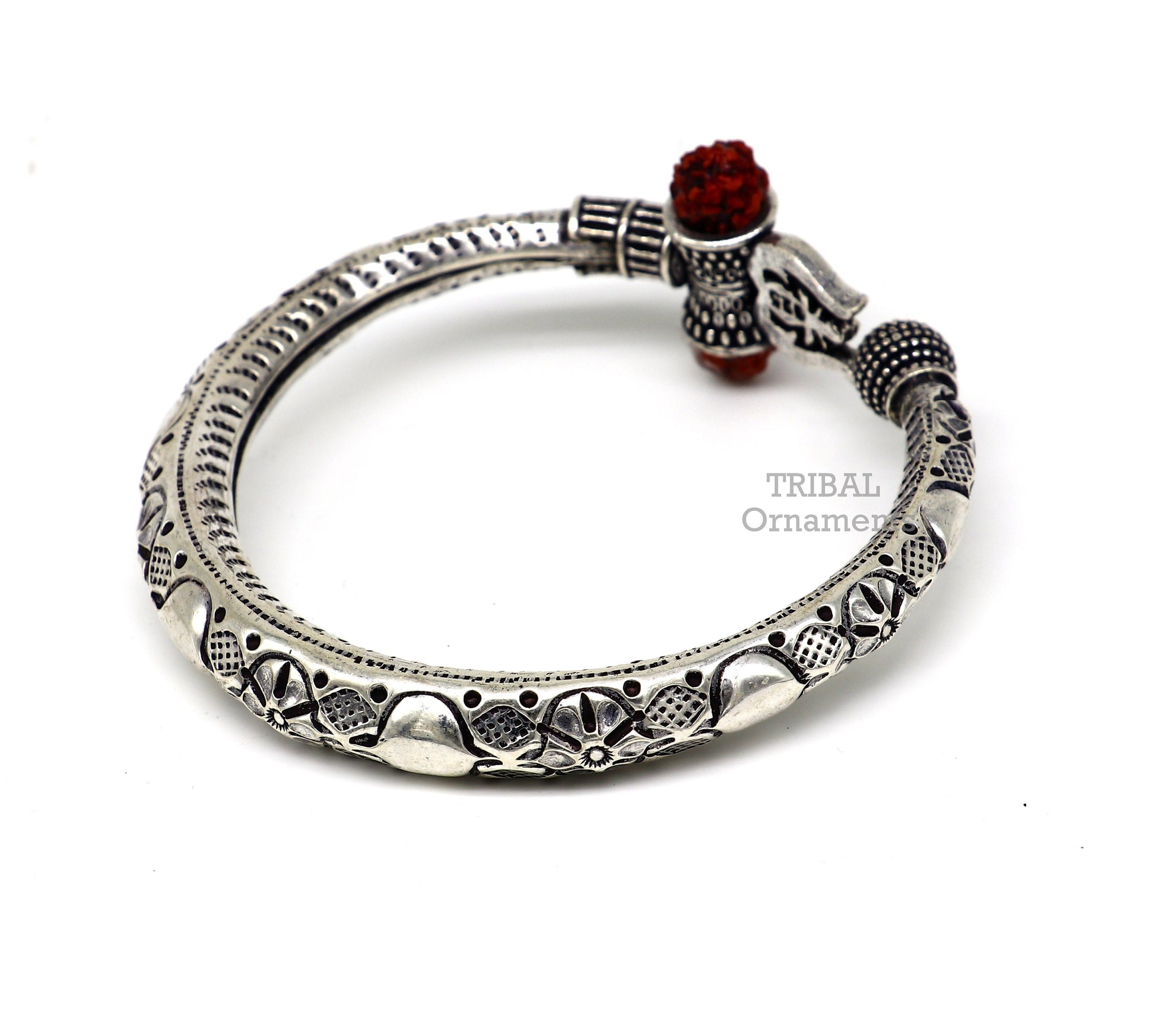 925 Sterling silver handmade chitai work Lord Shiva trident trishul kada bangle bracelet with natural Rudraksha customized kada nsk487 - TRIBAL ORNAMENTS