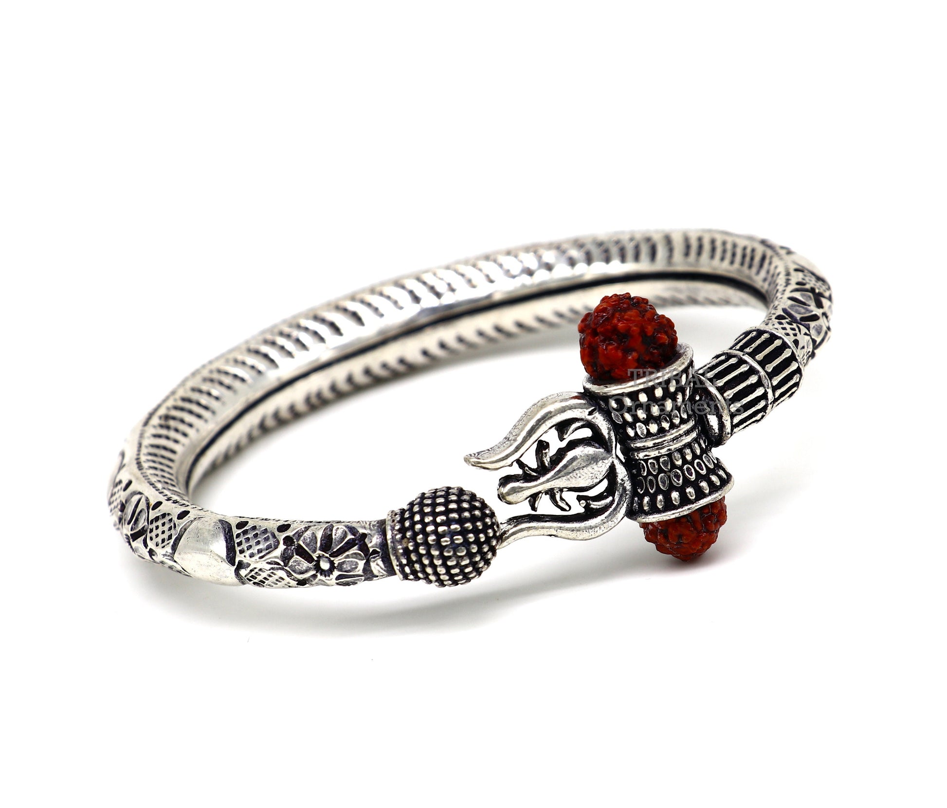 925 Sterling silver handmade chitai work Lord Shiva trident trishul kada bangle bracelet with natural Rudraksha customized kada nsk487 - TRIBAL ORNAMENTS