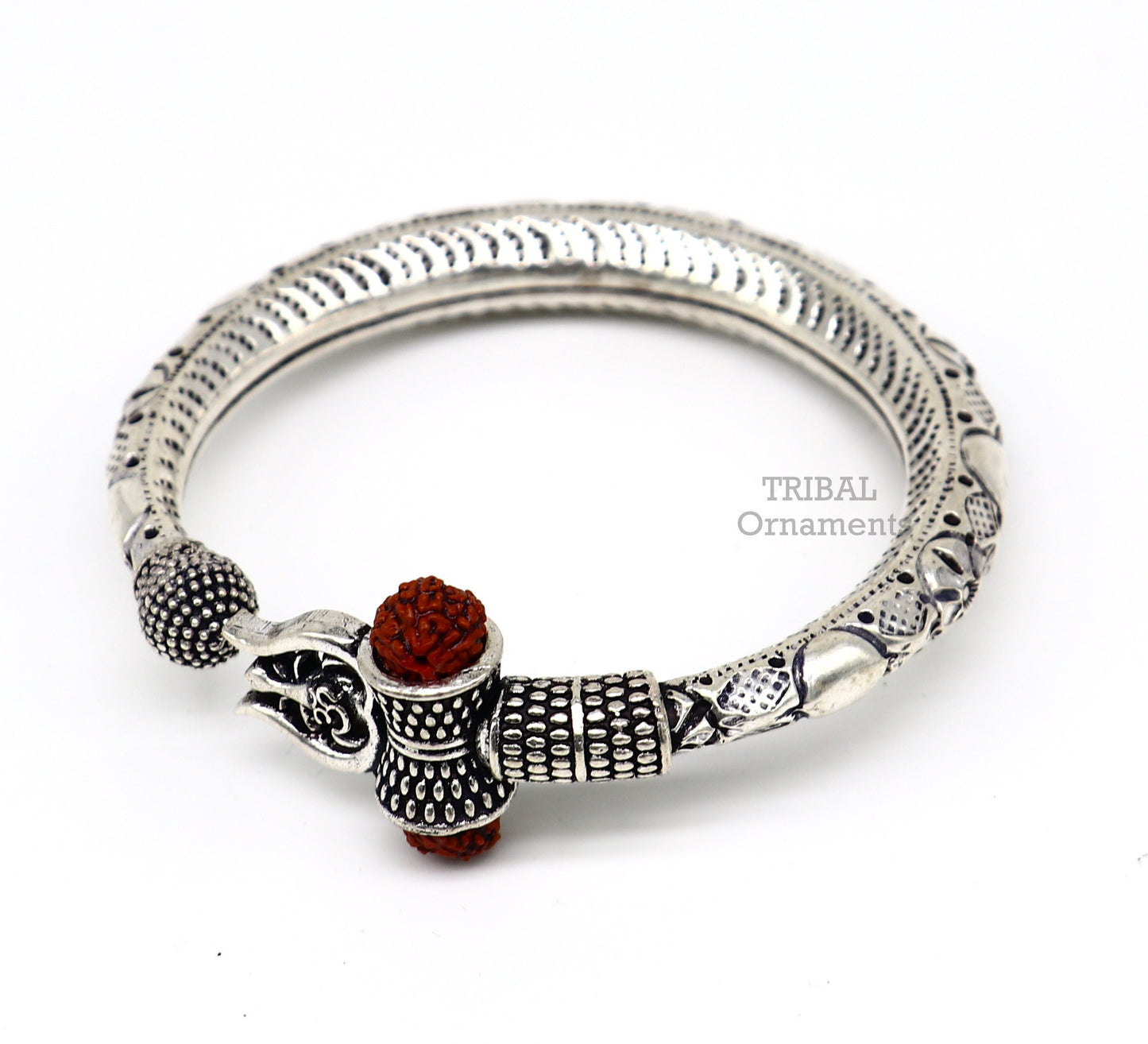 925 Sterling silver handmade chitai work Lord Shiva trident trishul kada bangle bracelet with natural Rudraksha customized kada nsk487 - TRIBAL ORNAMENTS