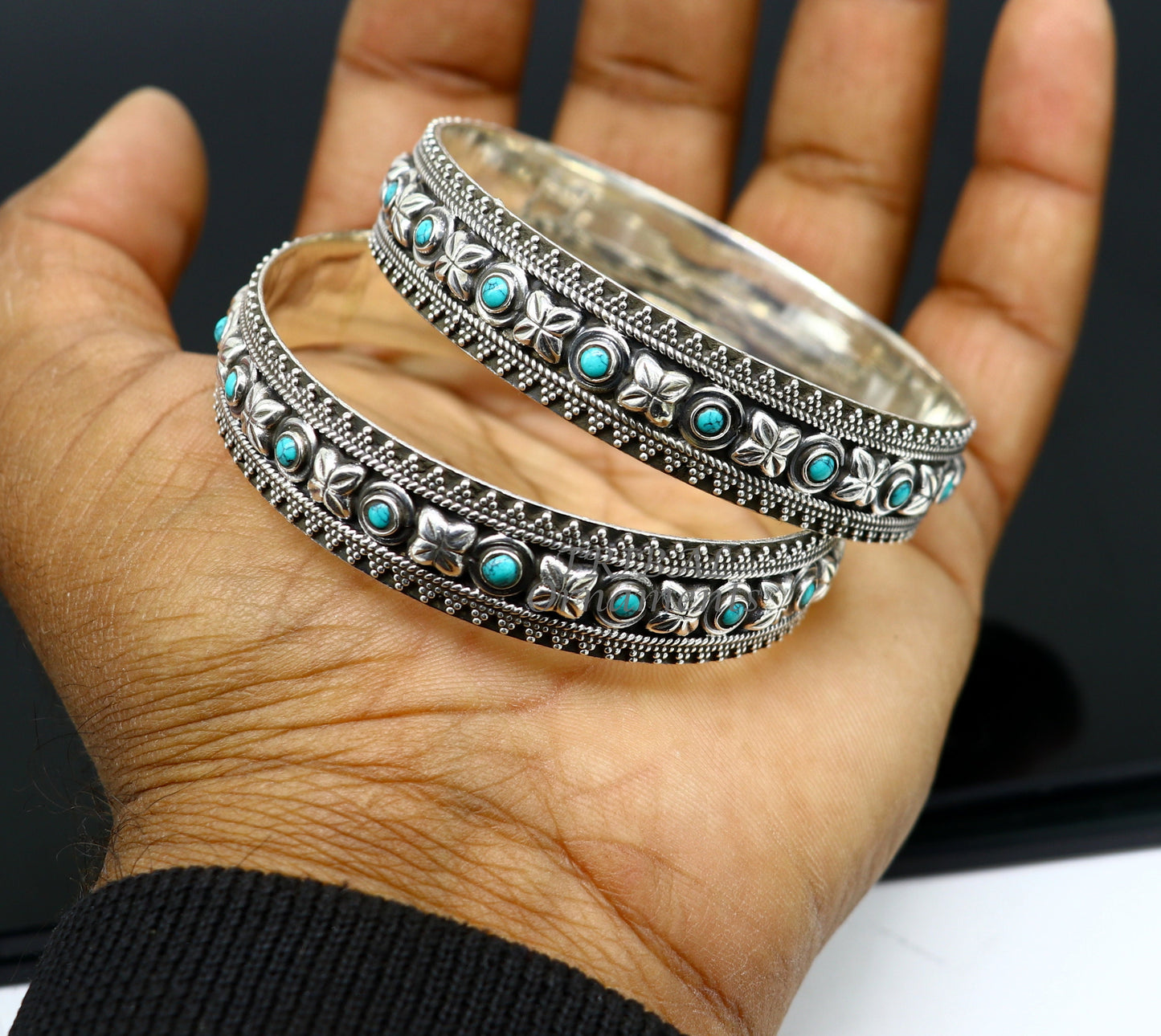 925 sterling silver customized vintage antique design turquoise stone bangle bracelet kada, best gift for brides ethnic jewelry nba338