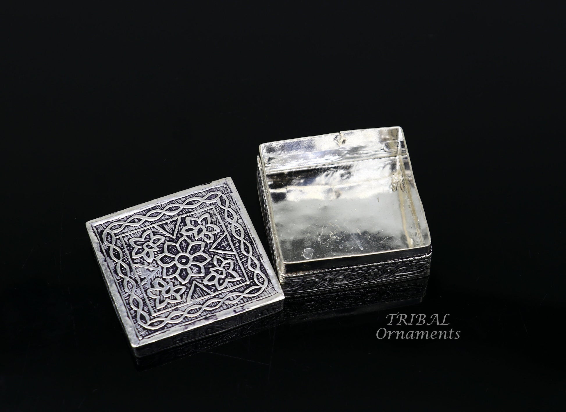 925 sterling silver trinket box, kajal box/casket box bridal square shape box collection, container box, eyeliner box gifting art stb713 - TRIBAL ORNAMENTS