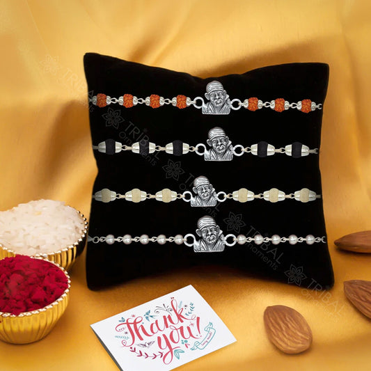 925 sterling silver  Sai baba design rakhi bracelet, available in rudraksha, black basil tulsi or silver beaded bracelet rk234