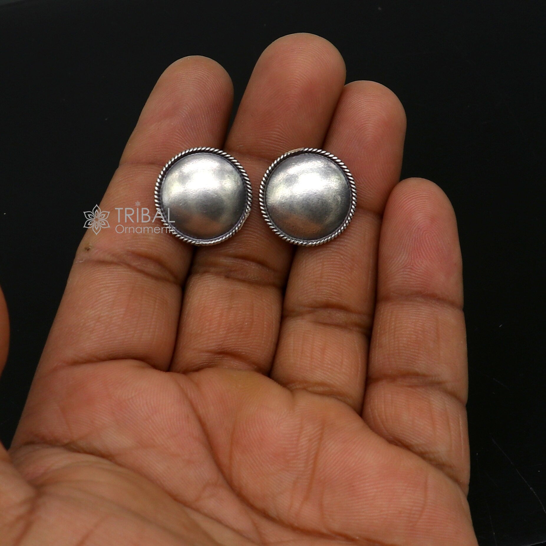 Vintage design 925 sterling silver plain handmade 18MM round design fabulous Stud earrings tribal jewelry from india  S1305 - TRIBAL ORNAMENTS