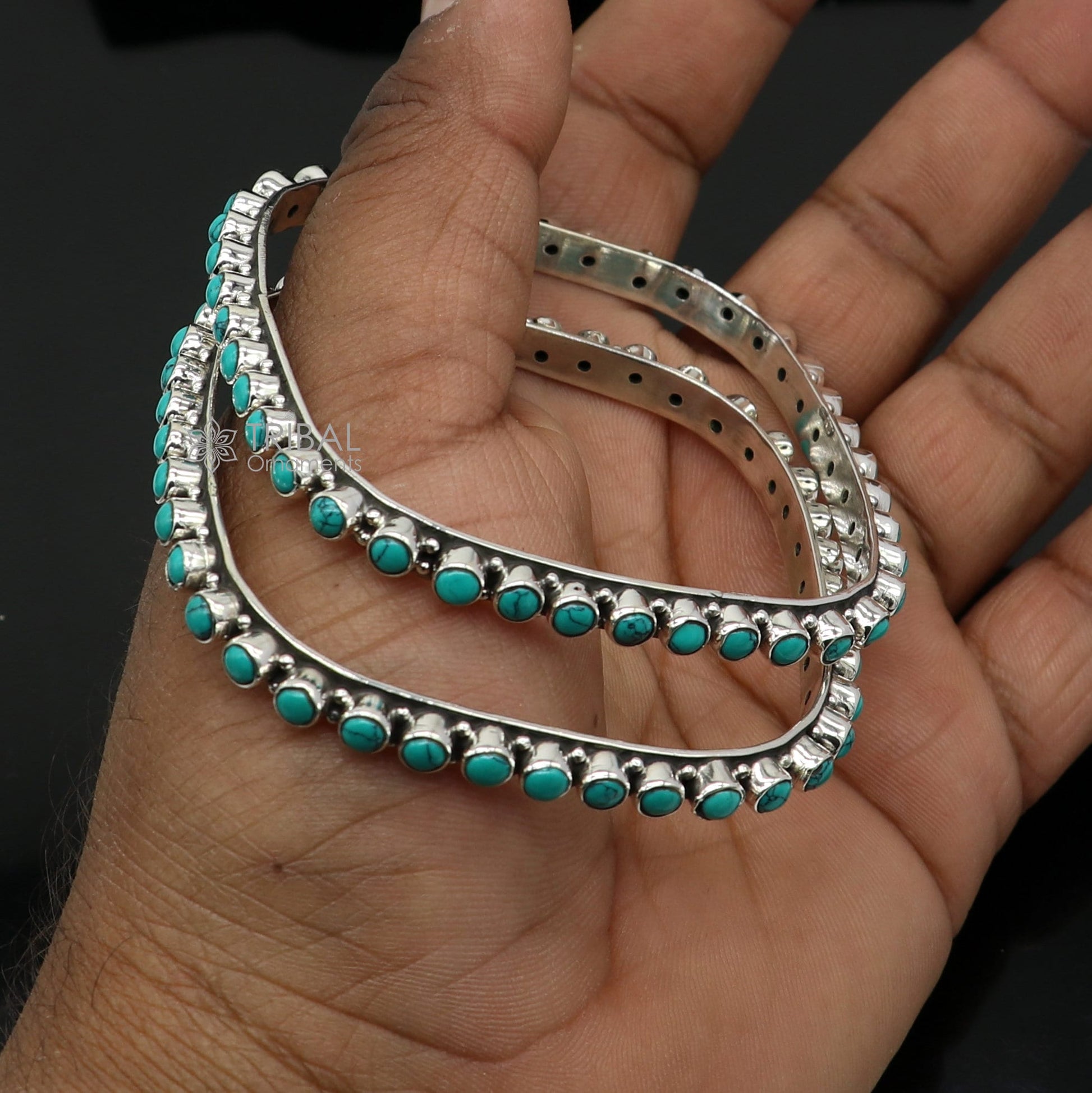 925 sterling silver vintage Waved design turquoise stone bangle bracelet kada, best gift for brides ethnic jewelry nba419 - TRIBAL ORNAMENTS