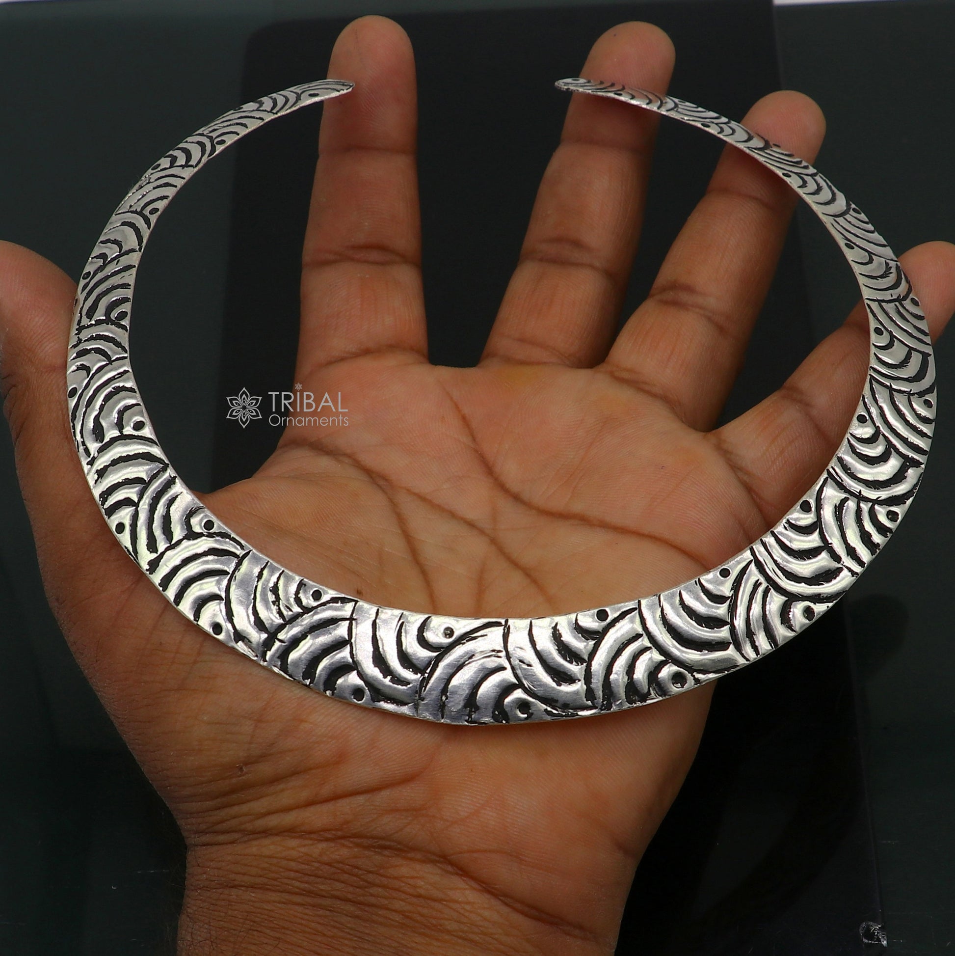 Vintage Indian traditional style trendy 925 sterling silver chitai work Chokar necklace, choker tribal jewelry SET680 - TRIBAL ORNAMENTS