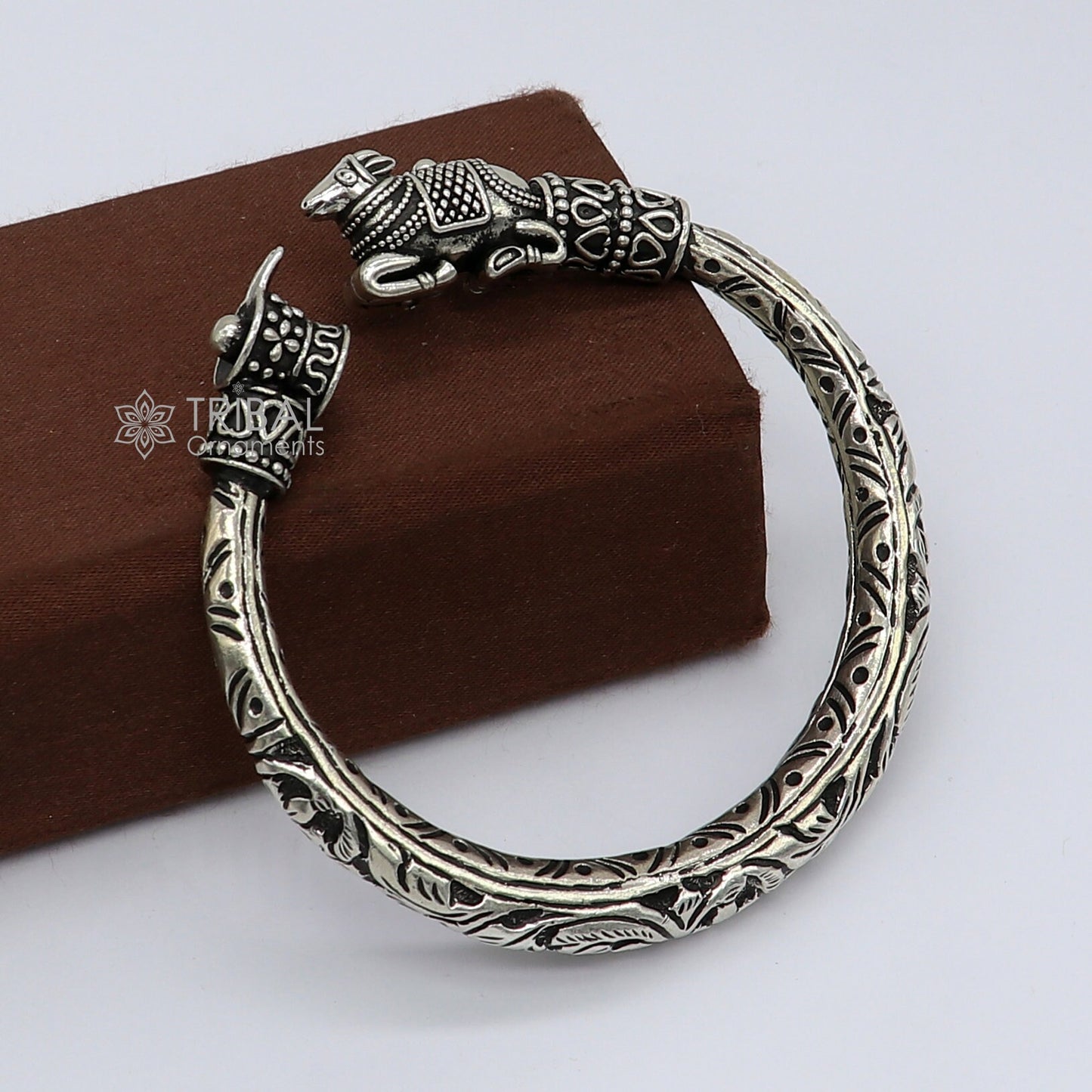 Lord Shiva lingam With Nandi maharaj design 925 sterling silver handmade bangle bracelet kada nsk821 - TRIBAL ORNAMENTS