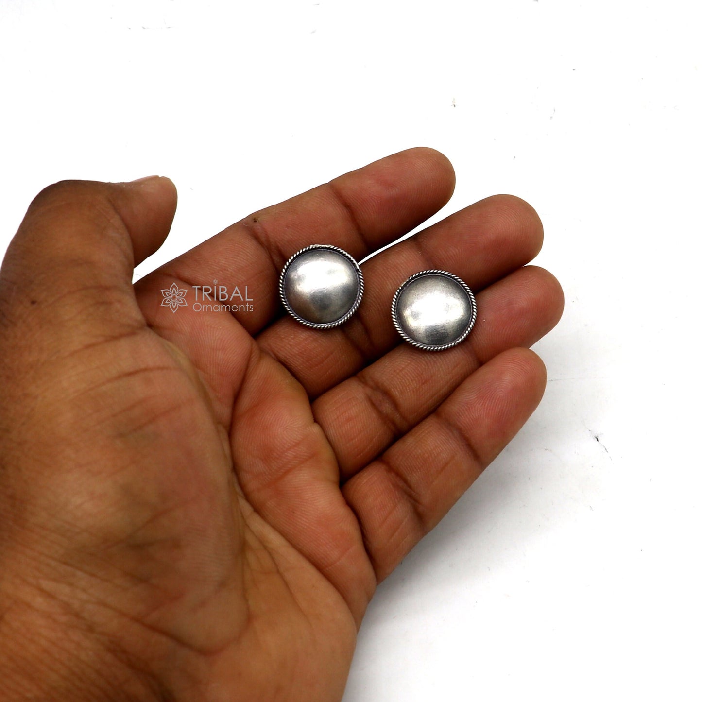 Vintage design 925 sterling silver plain handmade 18MM round design fabulous Stud earrings tribal jewelry from india  S1305 - TRIBAL ORNAMENTS