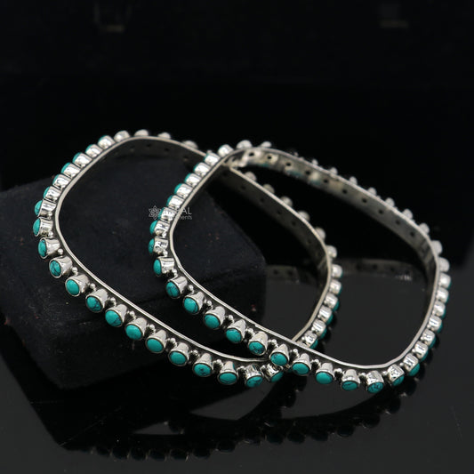 925 sterling silver vintage Waved design turquoise stone bangle bracelet kada, best gift for brides ethnic jewelry nba419 - TRIBAL ORNAMENTS