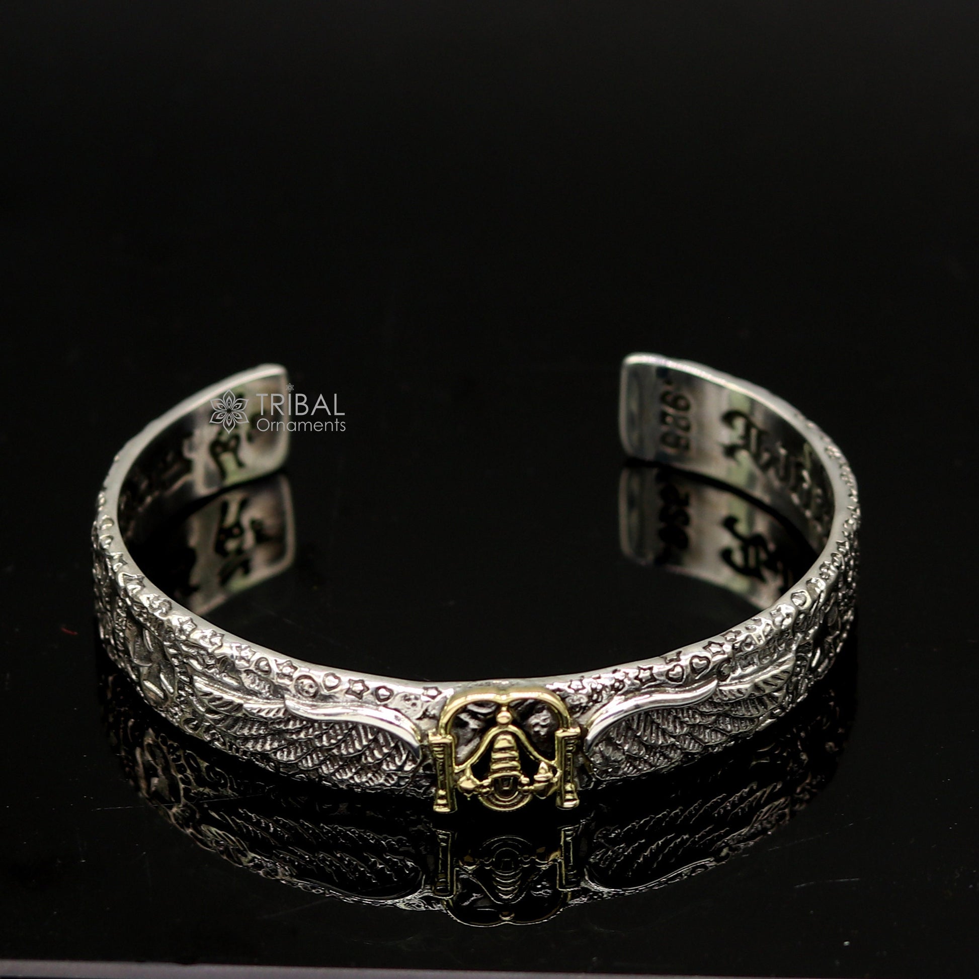 925 sterling silver handmade Feather design lord Venkateshwara/ Tirupati Balaji  adjustable bangle bracelet kada unisex jewelry cuff220 - TRIBAL ORNAMENTS