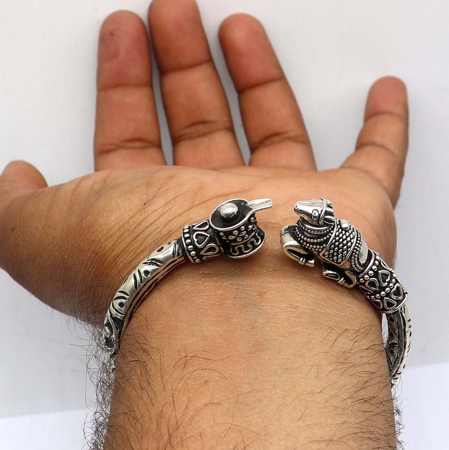 Lord Shiva lingam With Nandi maharaj design 925 sterling silver handmade bangle bracelet kada nsk821 - TRIBAL ORNAMENTS