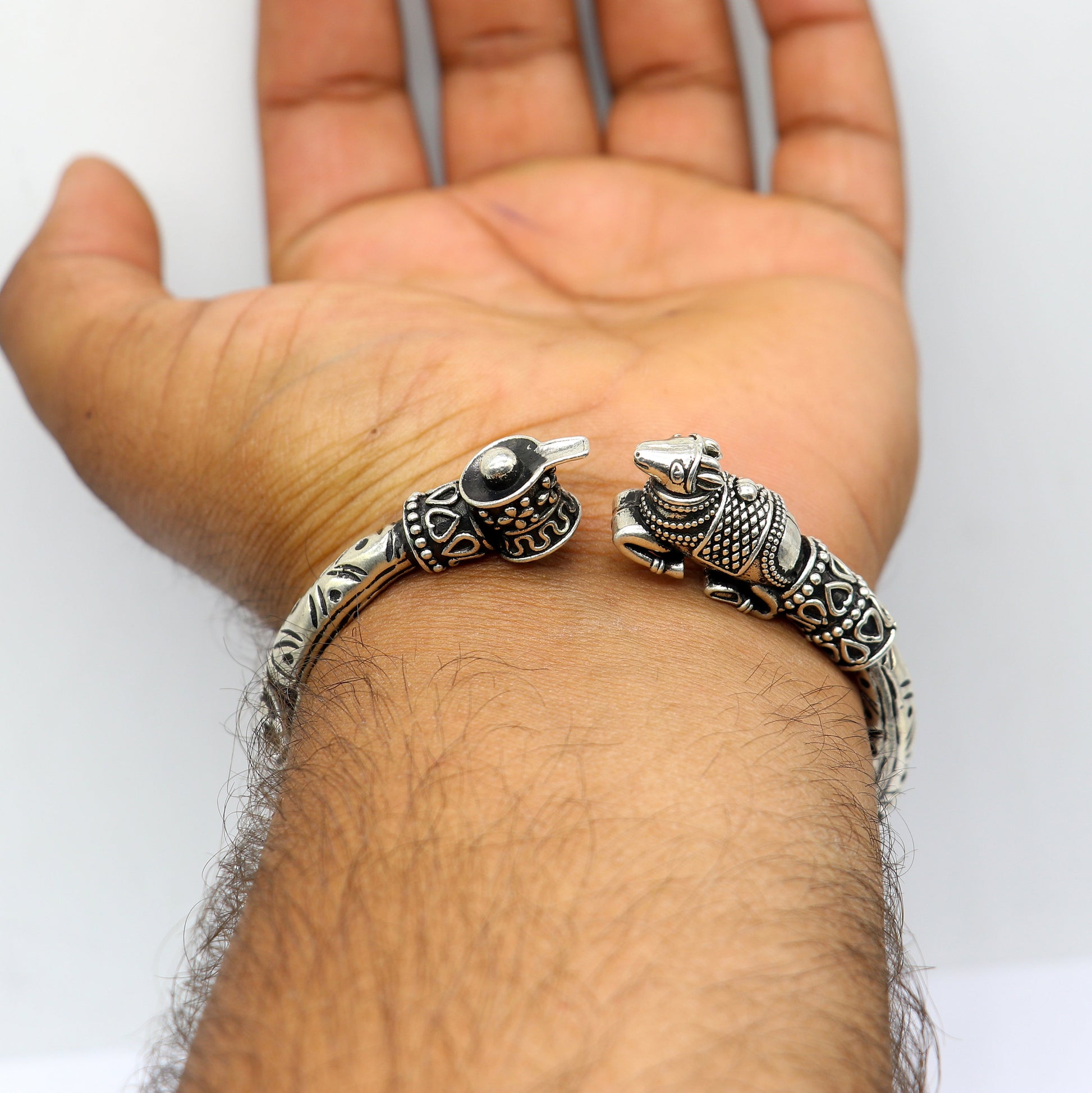 Lord Shiva lingam With Nandi maharaj design 925 sterling silver handmade bangle bracelet kada nsk821 - TRIBAL ORNAMENTS