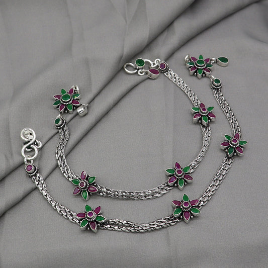 925 sterling silver handmade stylish Multicolor stone flower anklets amazing Ankle bracelet for gifting belly dance jewelry ank624