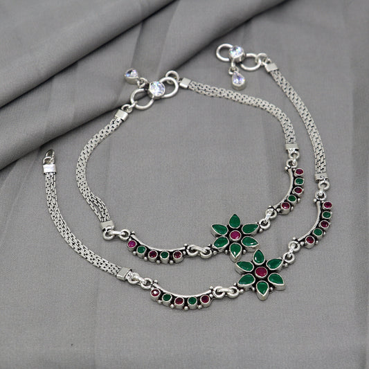 925 sterling silver handmade stylish Multicolor stone flower anklets amazing Ankle bracelet for gifting belly dance jewelry ank625