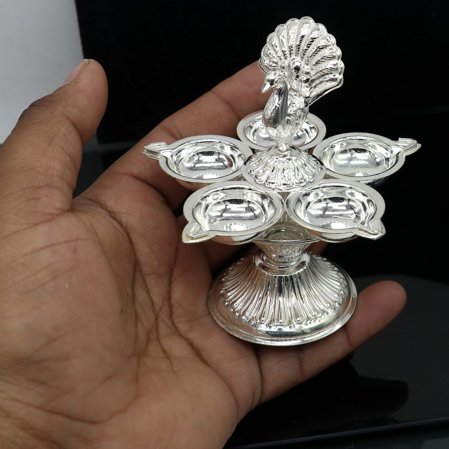 925 sterling silver handcrafted design 5 lamp/ Deepak, silver article, puja utensils, silver figurine su1292 - TRIBAL ORNAMENTS