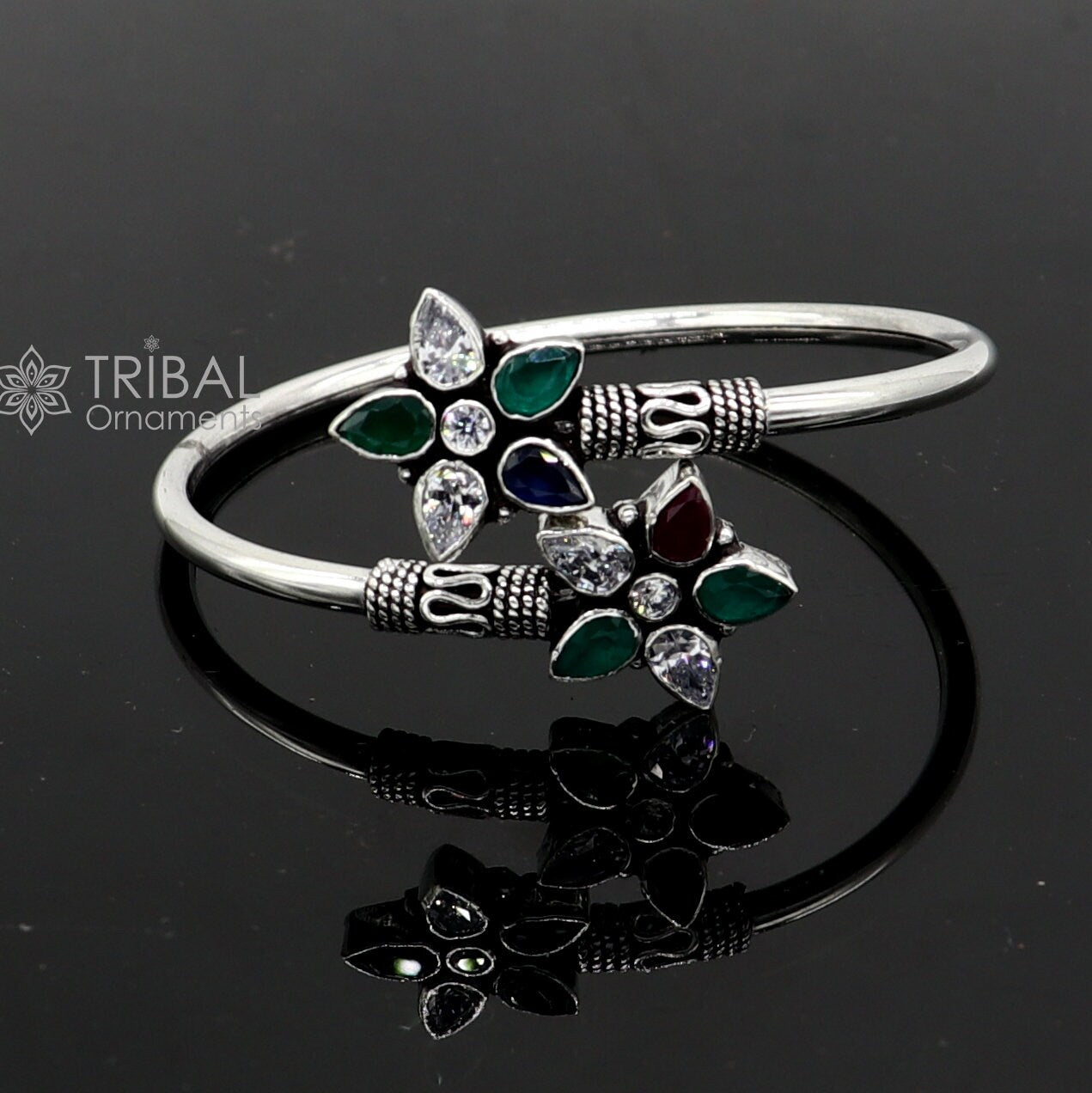 925 sterling silver fabulous bangle bracelet kada amazing Cuff bracelet with red and green cut stone best gifting kada nba425