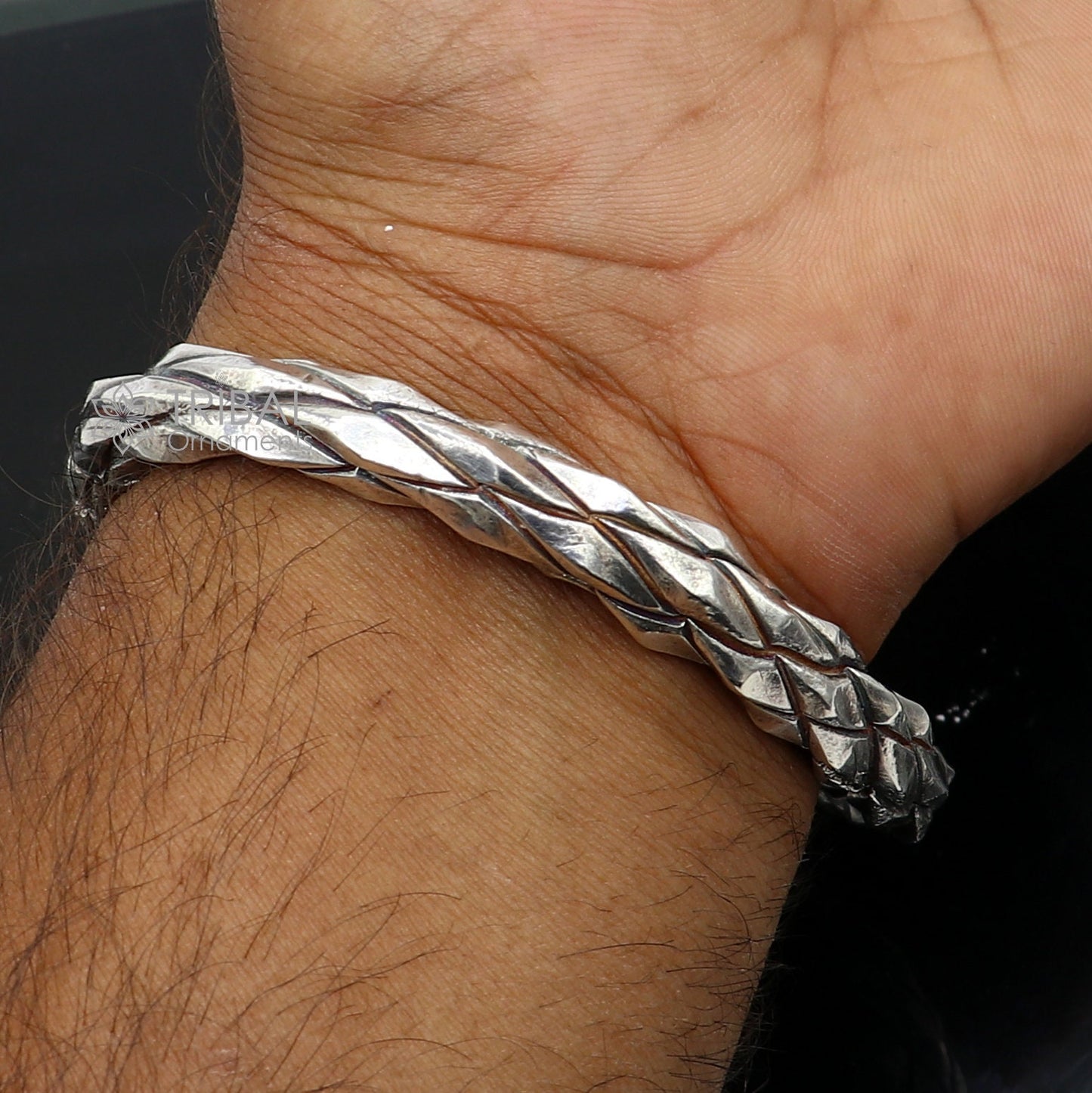 925 sterling silver solid adjustable heavy kada bracelet for men, amazing indian traditional cultural design plain kada nsk834 - TRIBAL ORNAMENTS