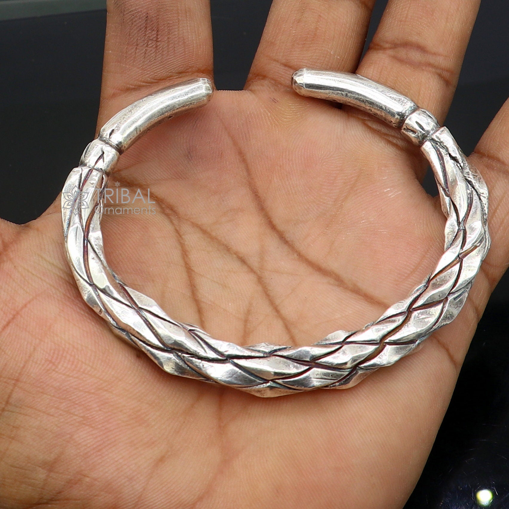 925 sterling silver solid adjustable heavy kada bracelet for men, amazing indian traditional cultural design plain kada nsk834 - TRIBAL ORNAMENTS