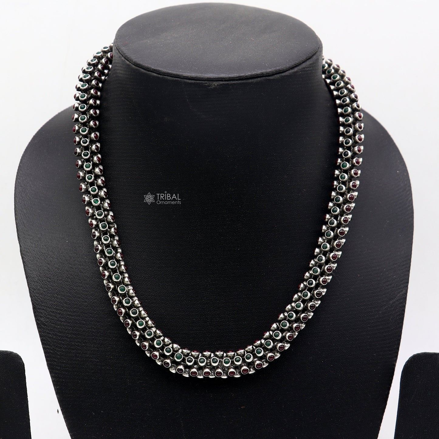 18" Modern stylish fashionable cultural heavy chain And earrings, 925 sterling silver and red /green stone chain ch593