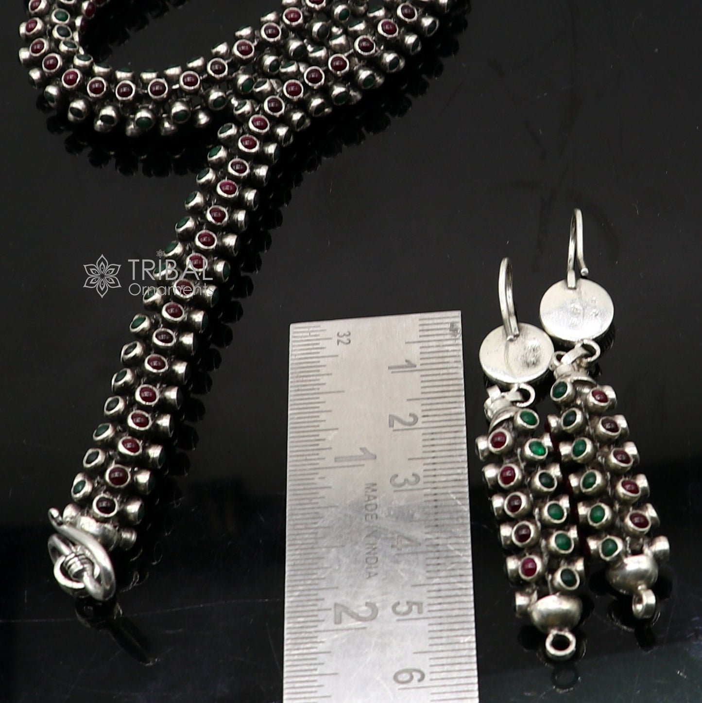 18" Modern stylish fashionable cultural heavy chain And earrings, 925 sterling silver and red /green stone chain ch593