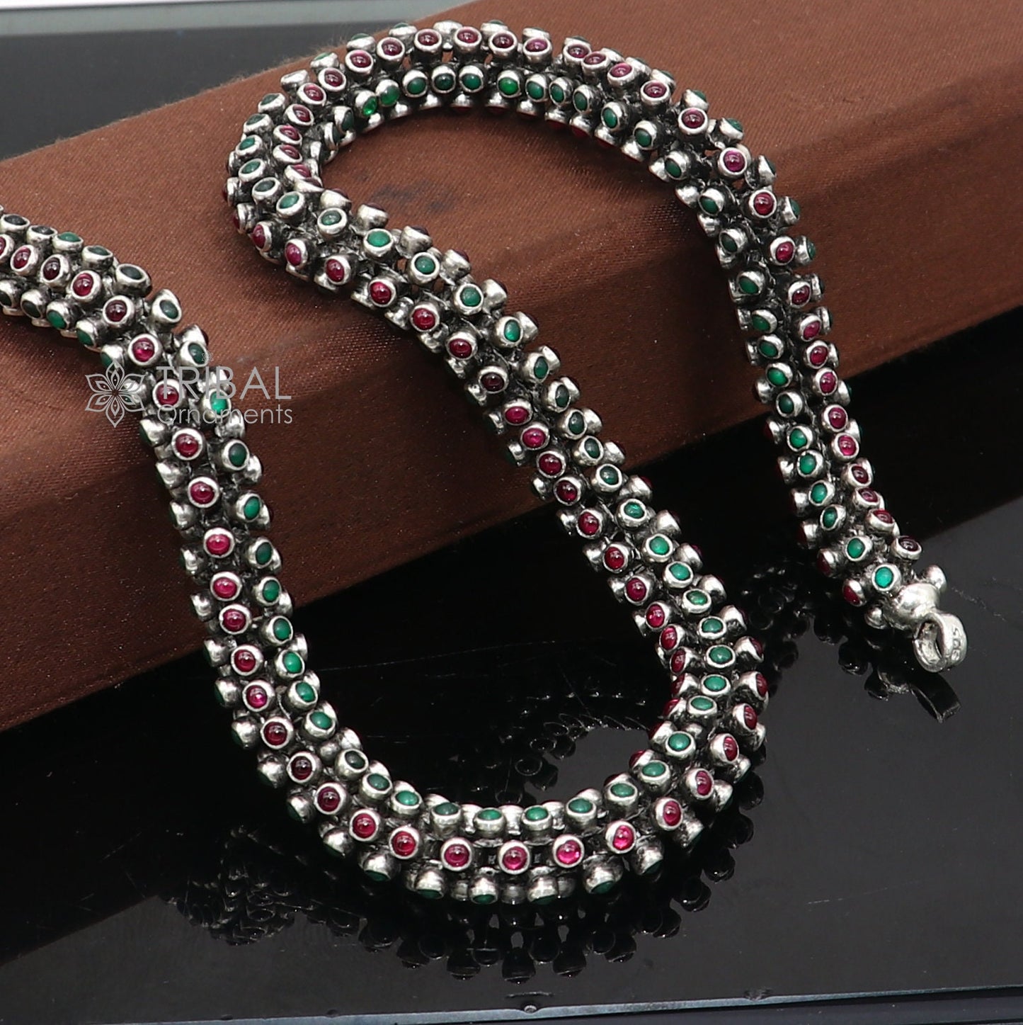 18" Modern stylish fashionable cultural heavy chain And earrings, 925 sterling silver and red /green stone chain ch593