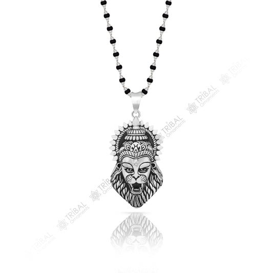 925 Sterling silver Lord Vishnu avatar Narsimha pendant with Black and white rosary beads (tulsi mala) meditation necklace  NSP813