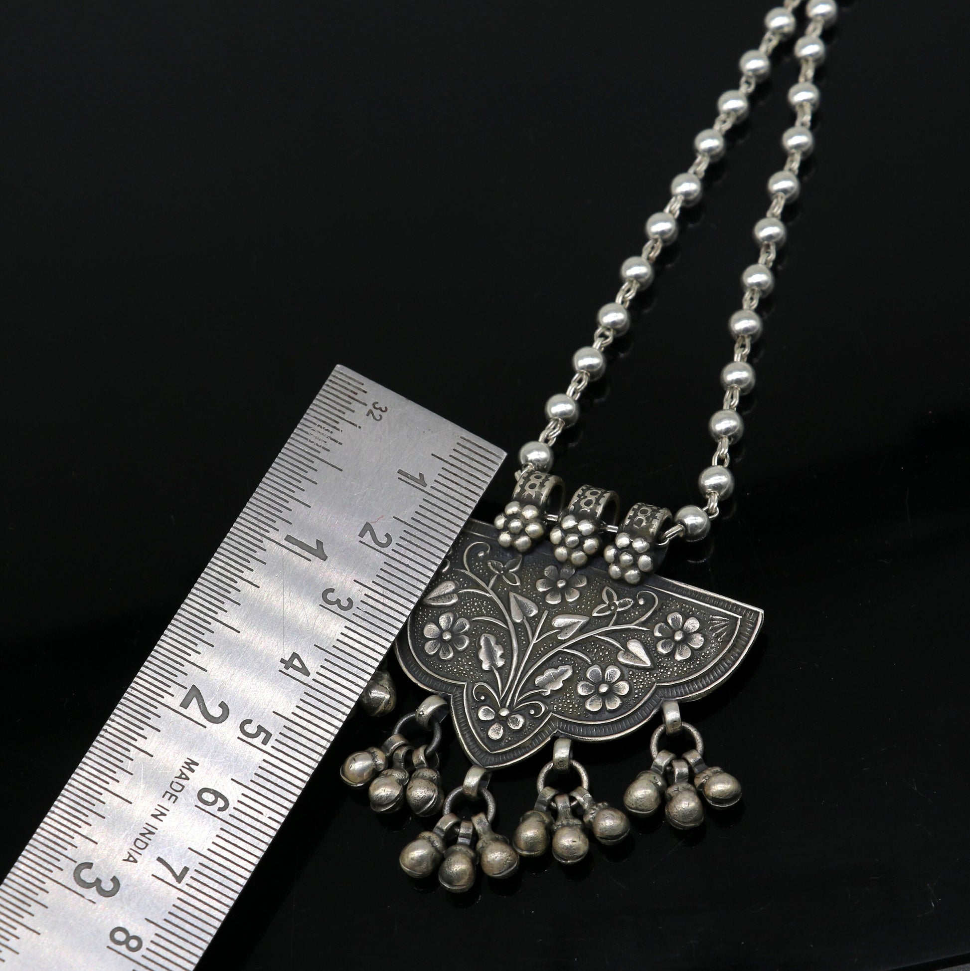 India traditional cultural style handmade 925 sterling silver chitai work pendant with silver beaded necklace best for all outfit set693 - TRIBAL ORNAMENTS