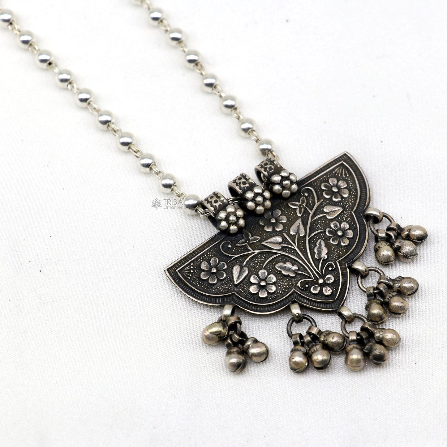 India traditional cultural style handmade 925 sterling silver chitai work pendant with silver beaded necklace best for all outfit set693 - TRIBAL ORNAMENTS