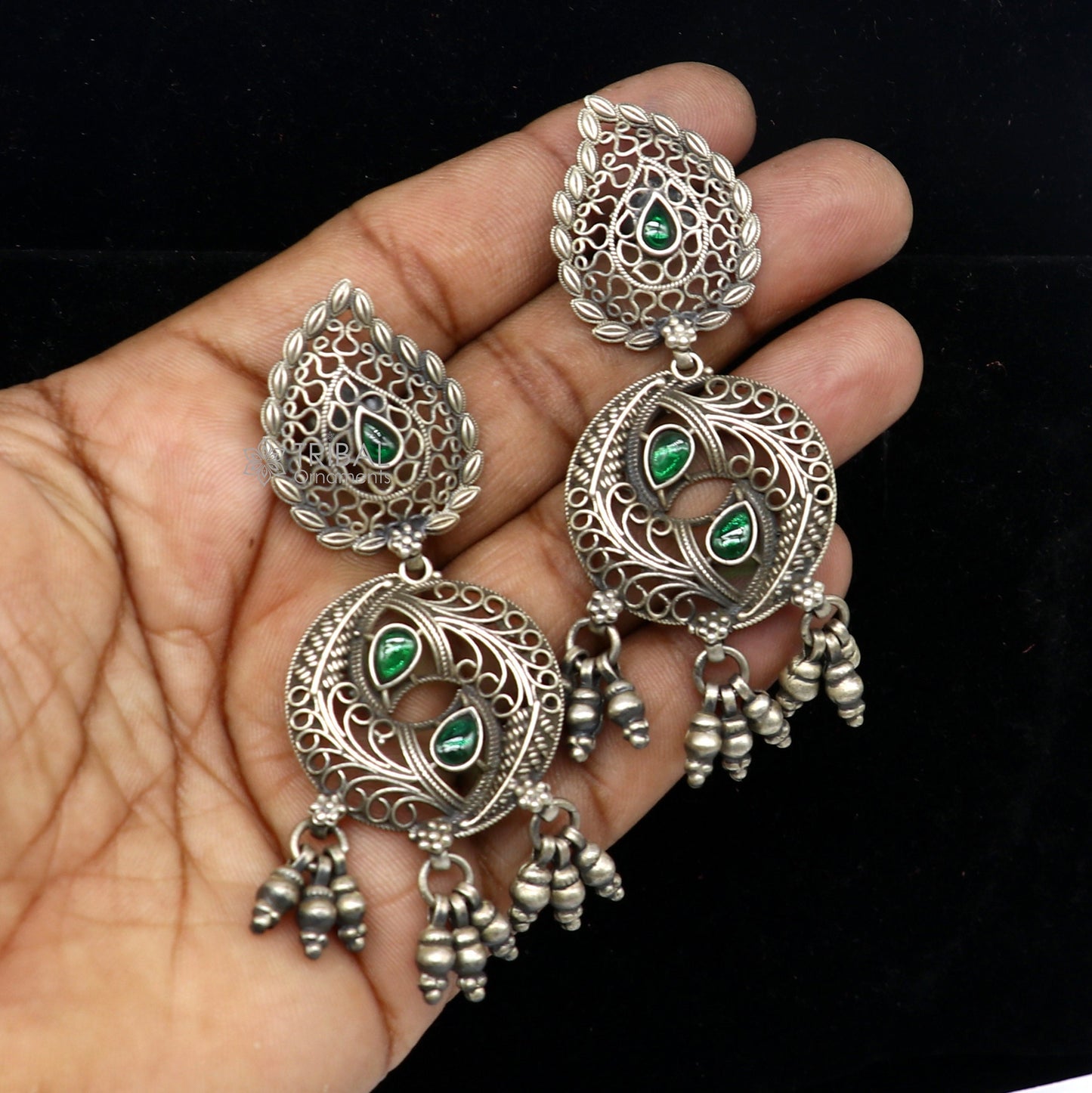 925 sterling silver fabulous unique filigree work design gree stone stud earrings with hanging drops ethnic brides jewellery India s1315