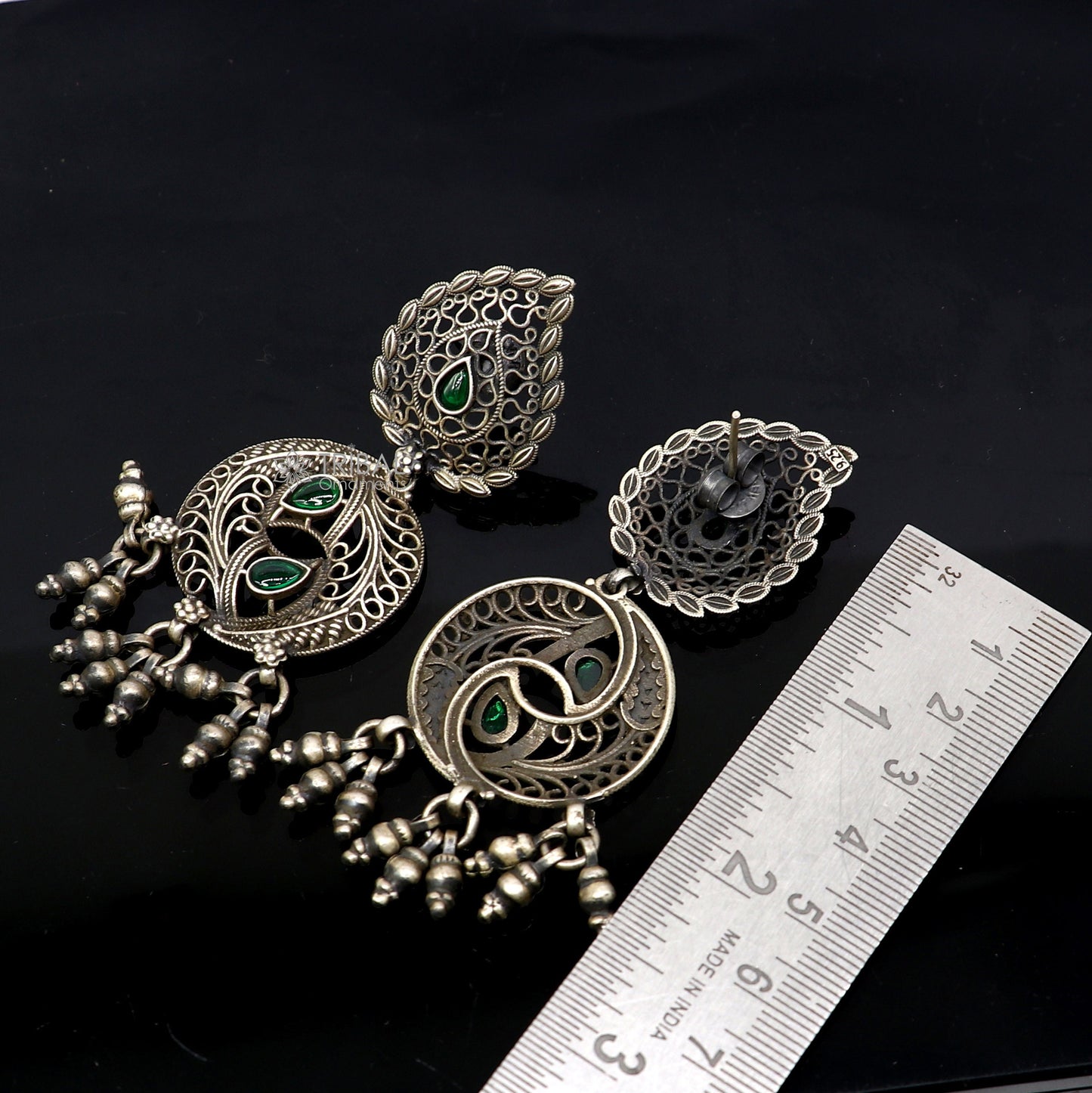 925 sterling silver fabulous unique filigree work design gree stone stud earrings with hanging drops ethnic brides jewellery India s1315