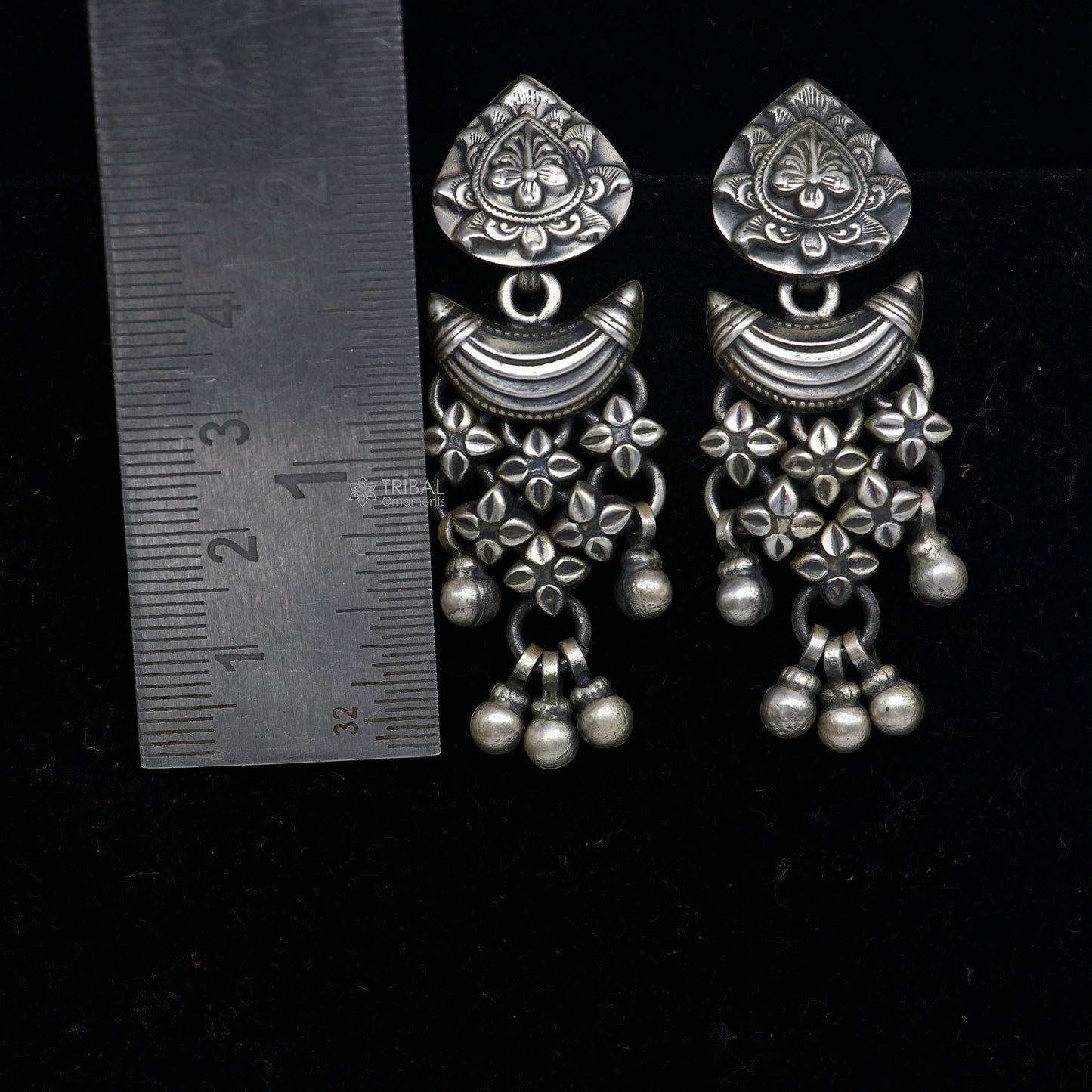 925 sterling silver unique work floral design stud earrings with hanging drops ethnic brides jewellery India s1316 - TRIBAL ORNAMENTS
