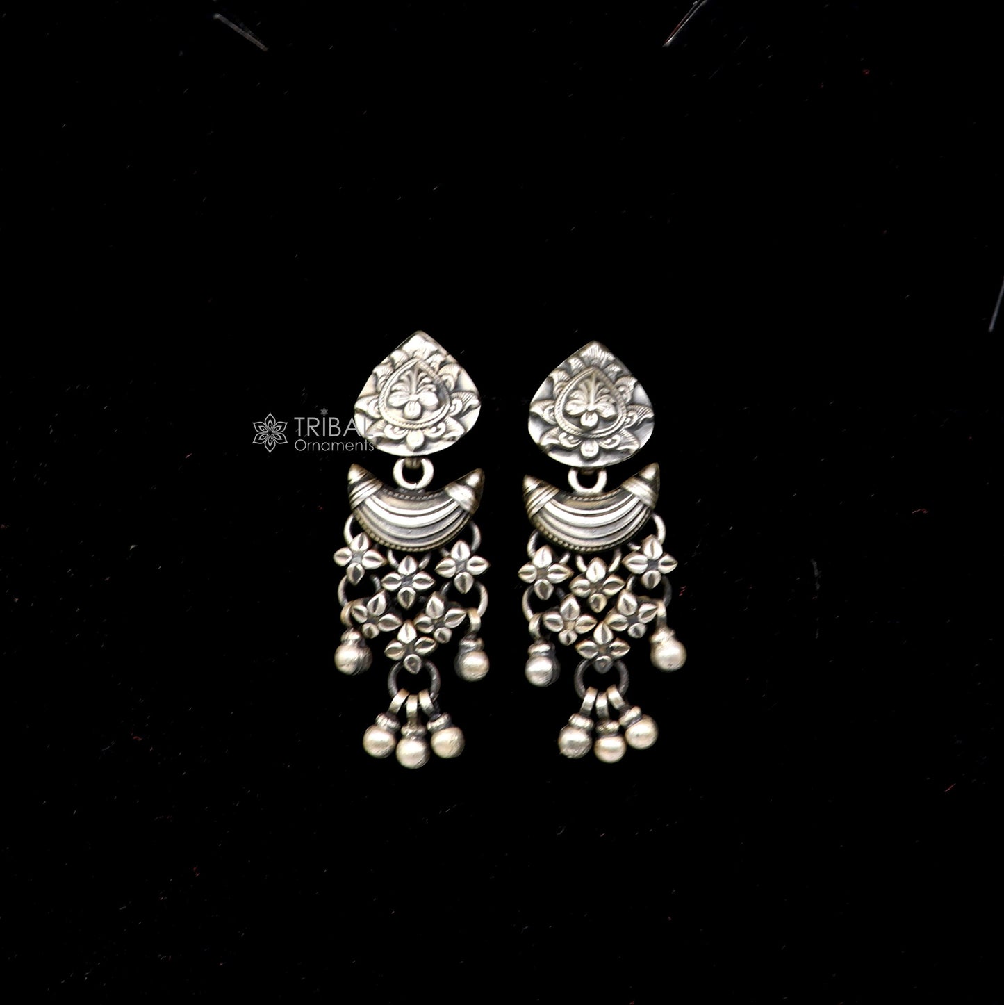 925 sterling silver unique work floral design stud earrings with hanging drops ethnic brides jewellery India s1316 - TRIBAL ORNAMENTS