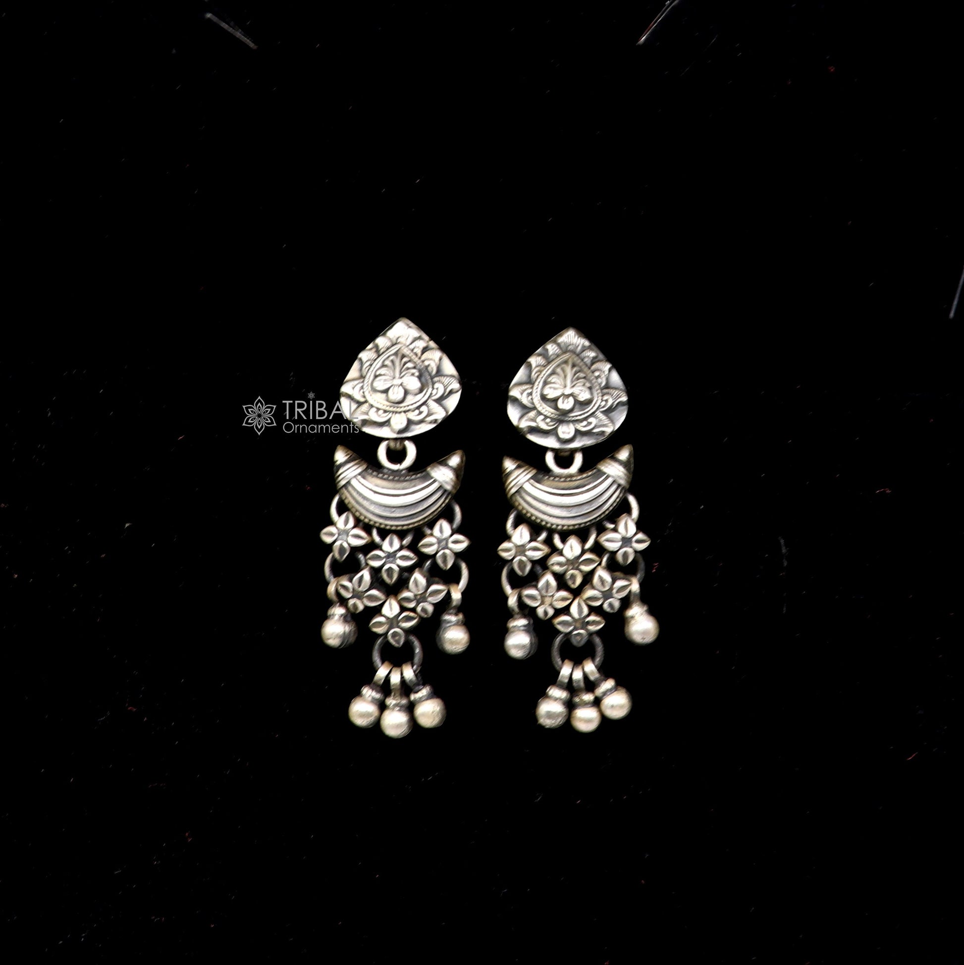 925 sterling silver unique work floral design stud earrings with hanging drops ethnic brides jewellery India s1316 - TRIBAL ORNAMENTS