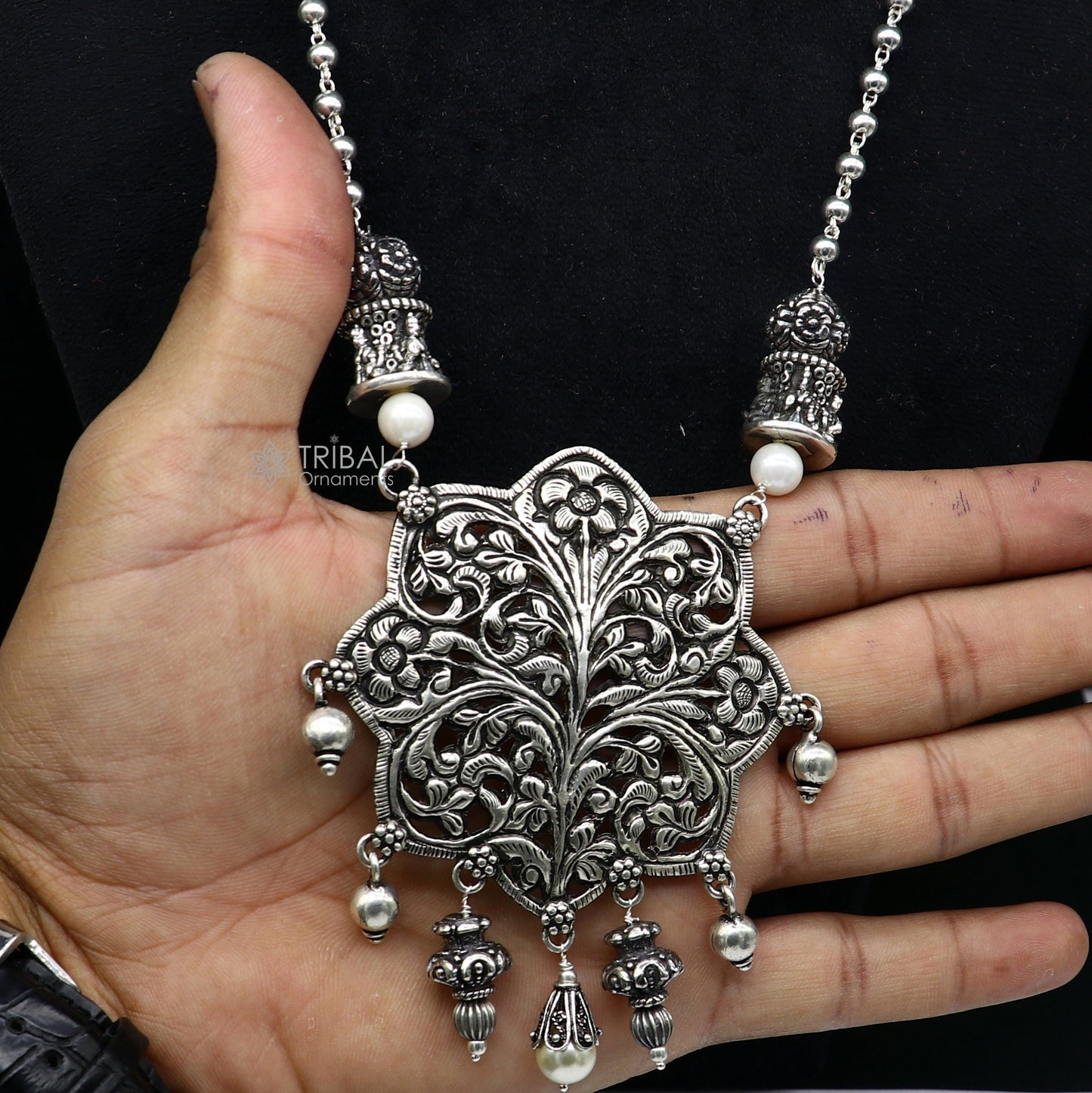 30" India cultural style handmade 925 sterling silver chitai work pendant with silver beaded necklace best for all outfit set698