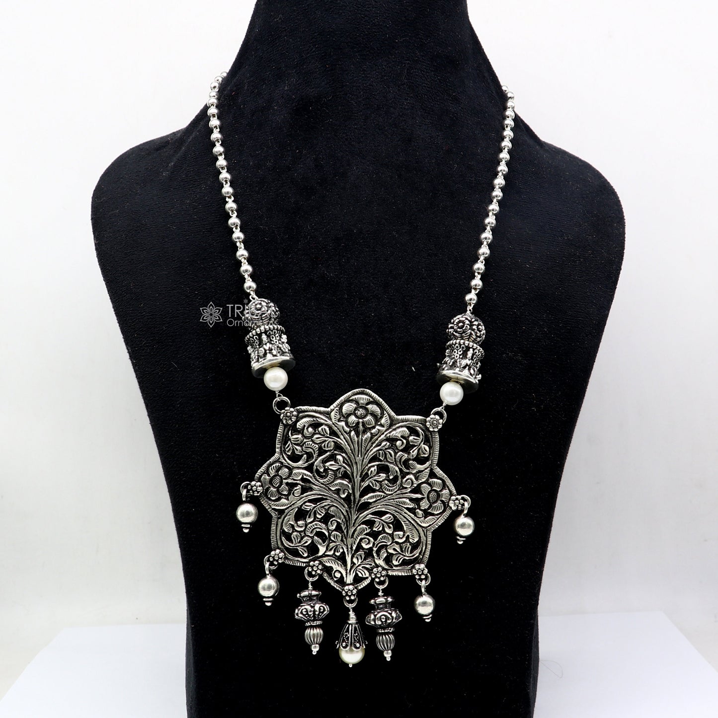 30" India cultural style handmade 925 sterling silver chitai work pendant with silver beaded necklace best for all outfit set698