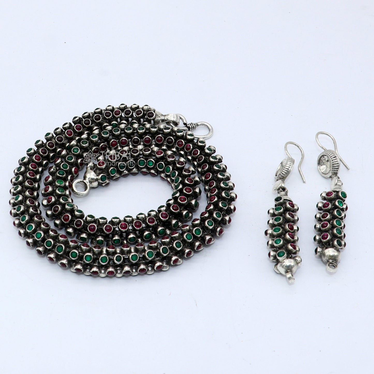 18" Modern stylish fashionable cultural heavy chain And earrings, 925 sterling silver and red /green stone chain ch593