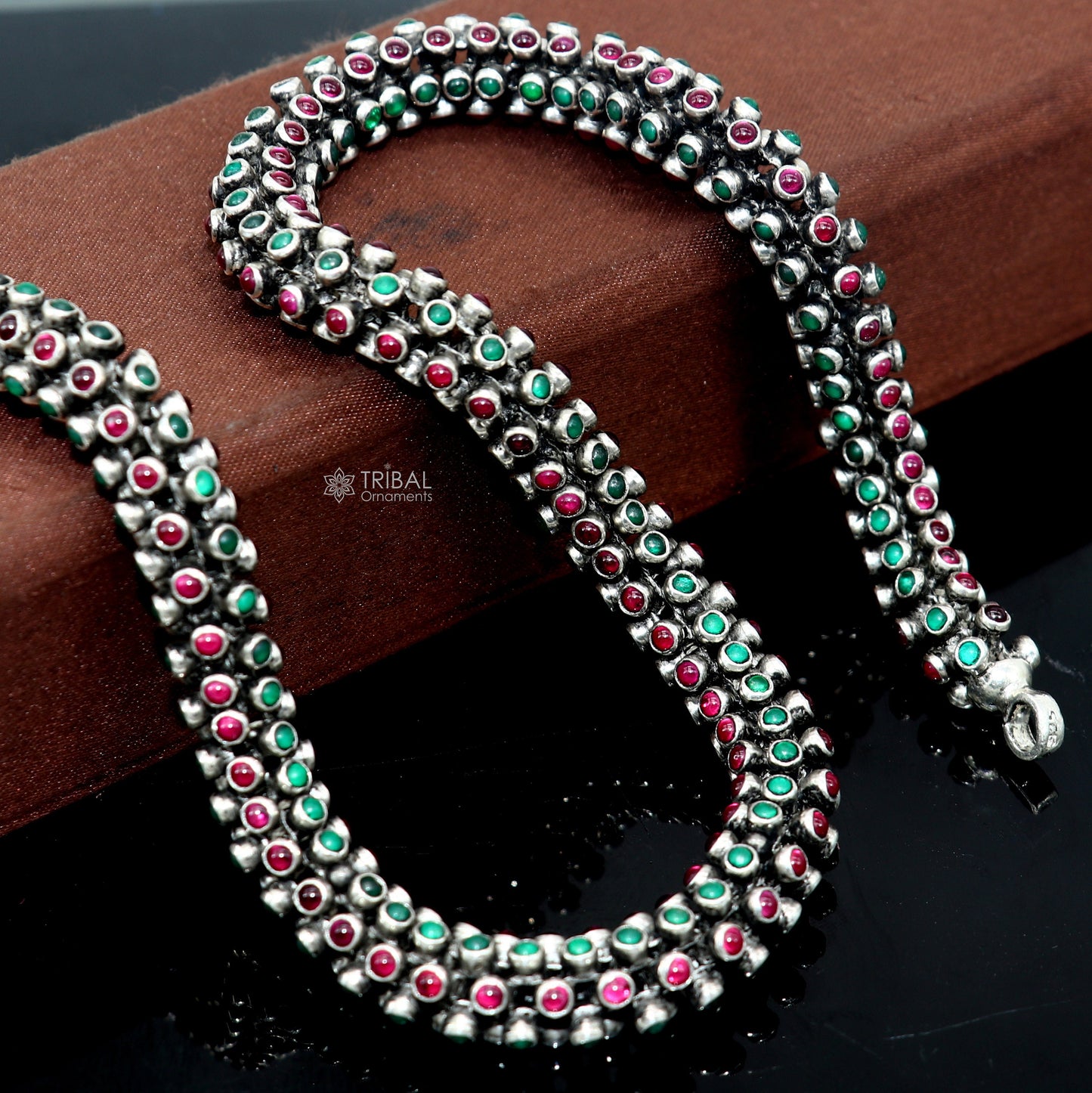 18" Modern stylish fashionable cultural heavy chain And earrings, 925 sterling silver and red /green stone chain ch593