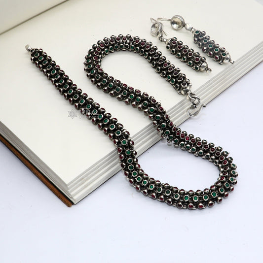 18" Modern stylish fashionable cultural heavy chain And earrings, 925 sterling silver and red /green stone chain ch593