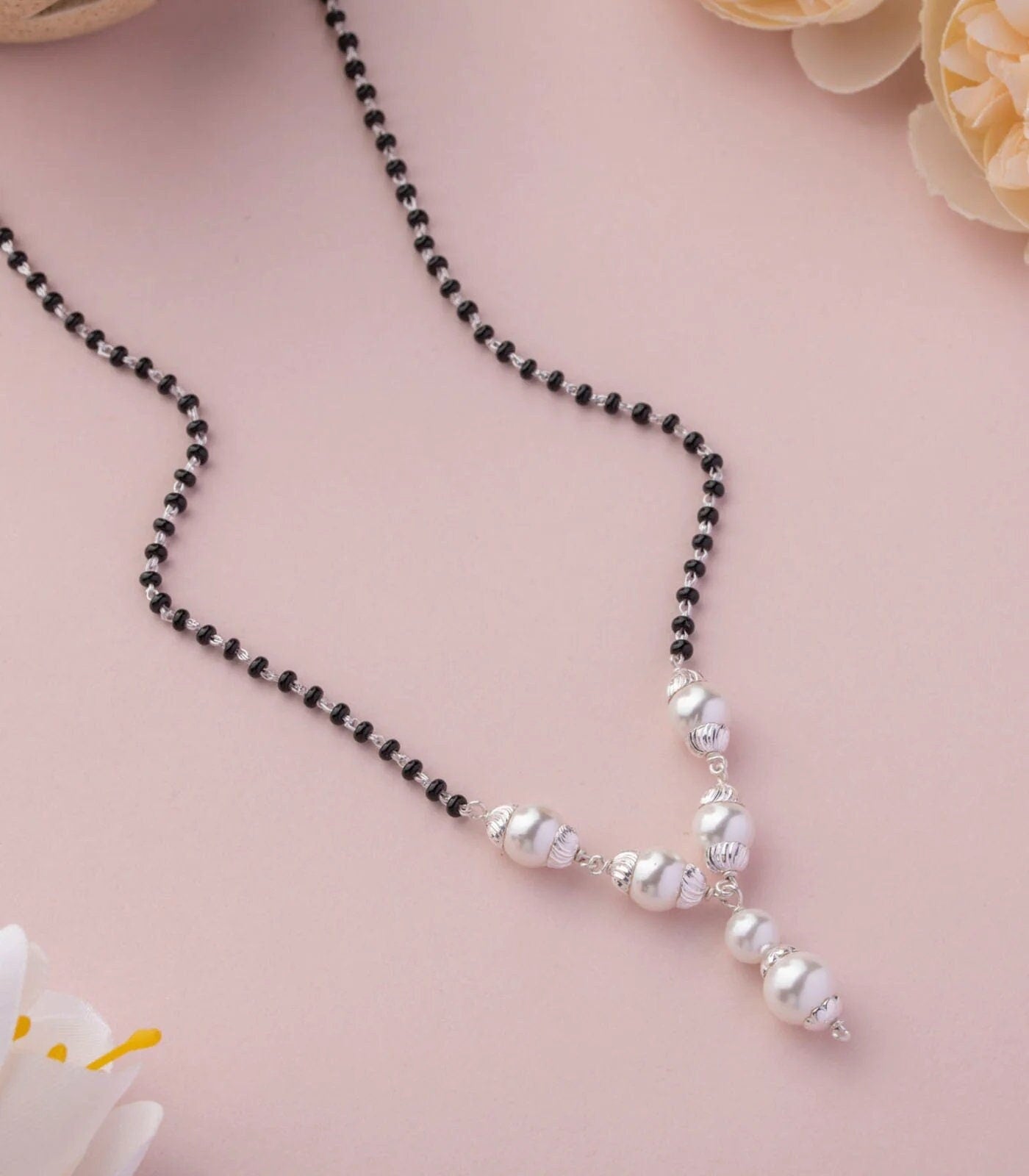 925 sterling silver pearl beaded and black beaded chain necklace and vintage antique ball style pendant Mangalsutra ms133 - TRIBAL ORNAMENTS