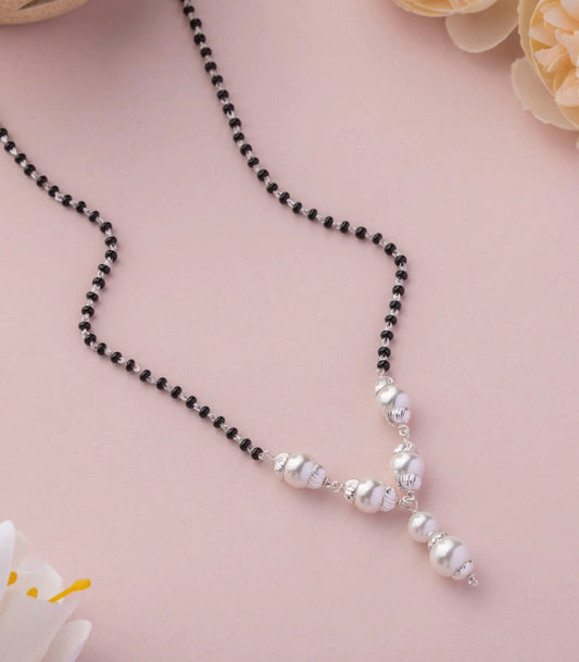 925 sterling silver pearl beaded and black beaded chain necklace and vintage antique ball style pendant Mangalsutra ms133 - TRIBAL ORNAMENTS