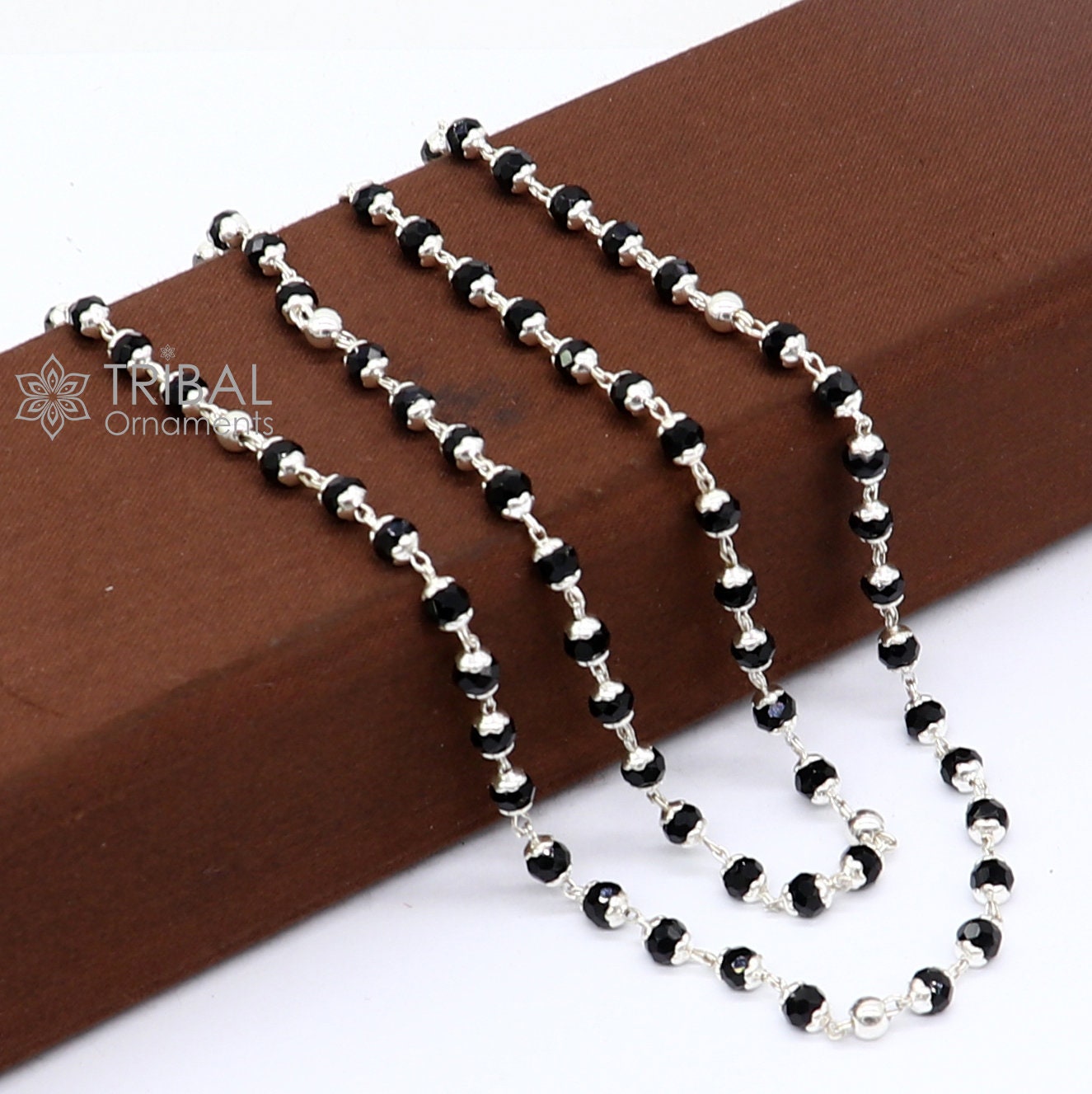 Handmade 925 Sterling silver gorgeous black beaded Nazariya chain for girls and kids ch598