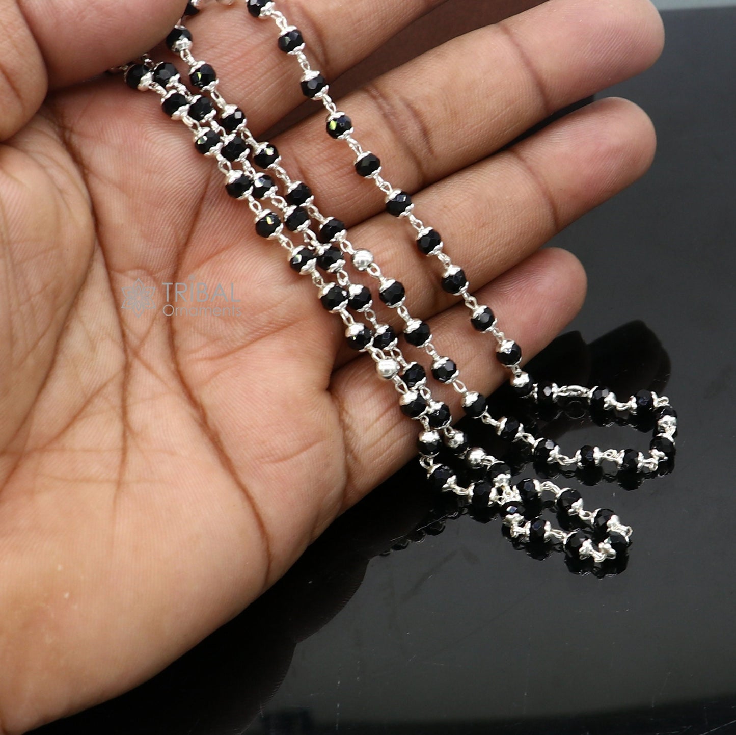 Handmade 925 Sterling silver gorgeous black beaded Nazariya chain for girls and kids ch598