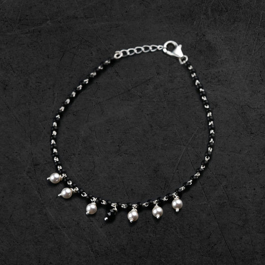 925 sterling silver pearl and black beaded chain bracelet Combo use bracelet or anklets, Mangalsutra bracelet mbr03 - TRIBAL ORNAMENTS