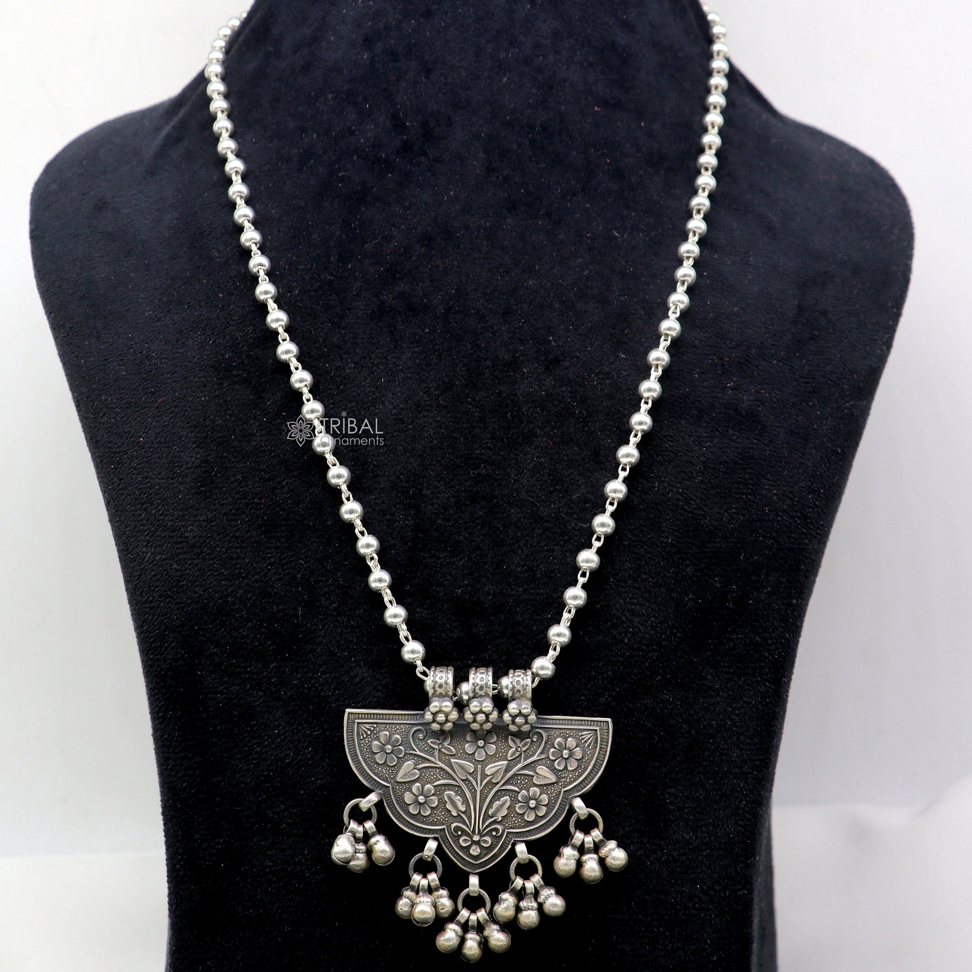 India traditional cultural style handmade 925 sterling silver chitai work pendant with silver beaded necklace best for all outfit set693 - TRIBAL ORNAMENTS