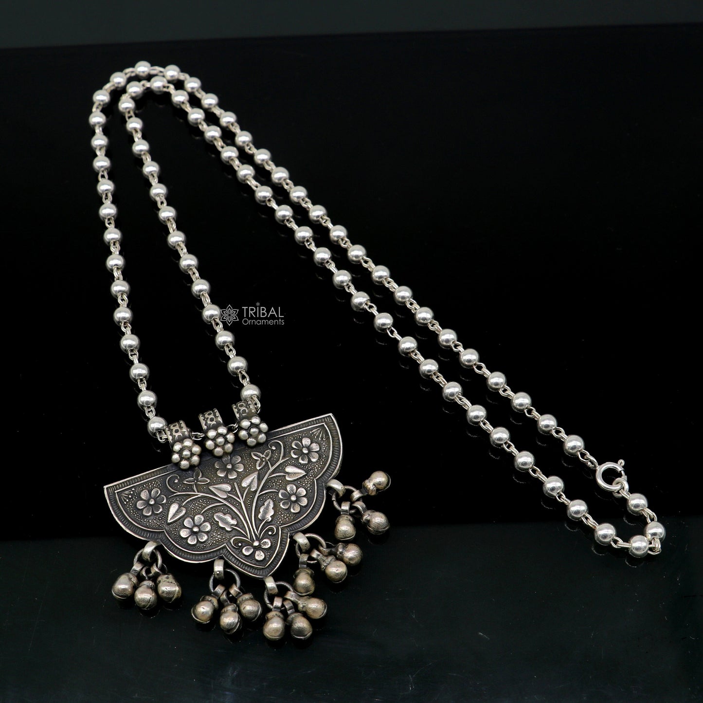 India traditional cultural style handmade 925 sterling silver chitai work pendant with silver beaded necklace best for all outfit set693 - TRIBAL ORNAMENTS