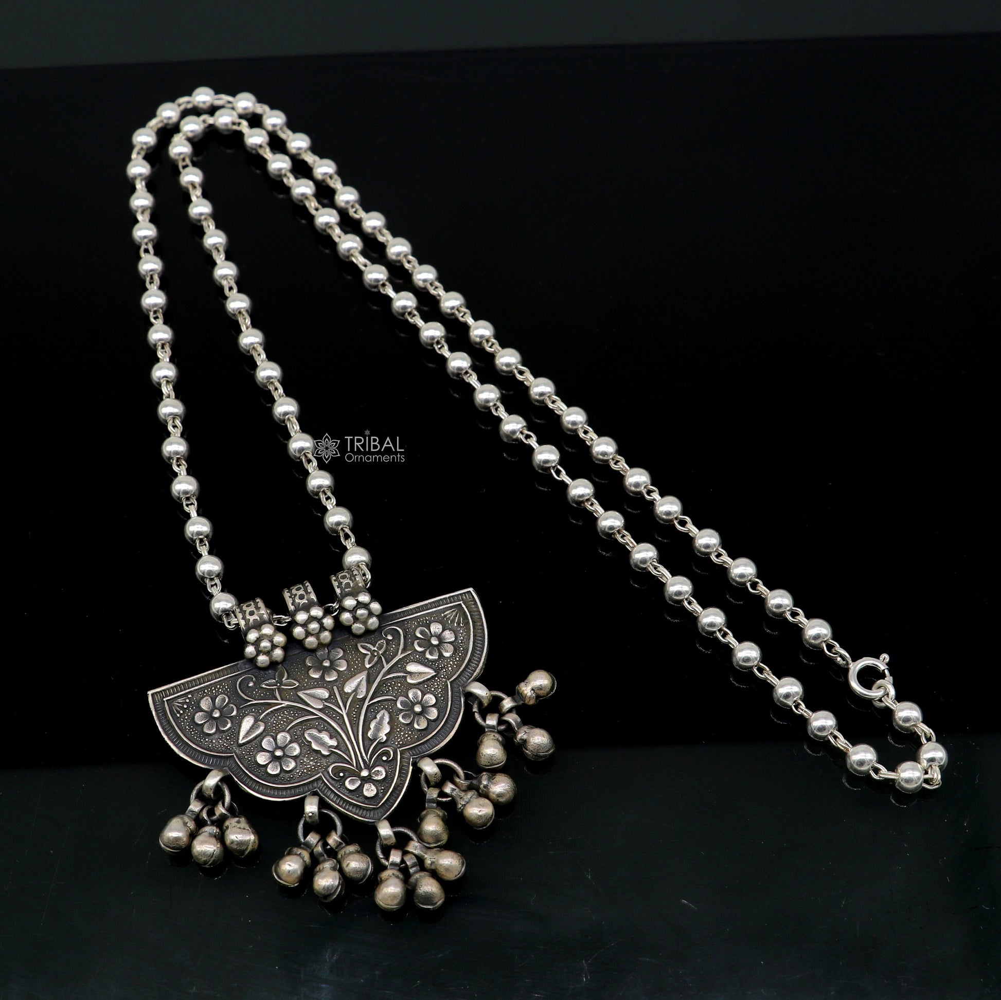 India traditional cultural style handmade 925 sterling silver chitai work pendant with silver beaded necklace best for all outfit set693 - TRIBAL ORNAMENTS