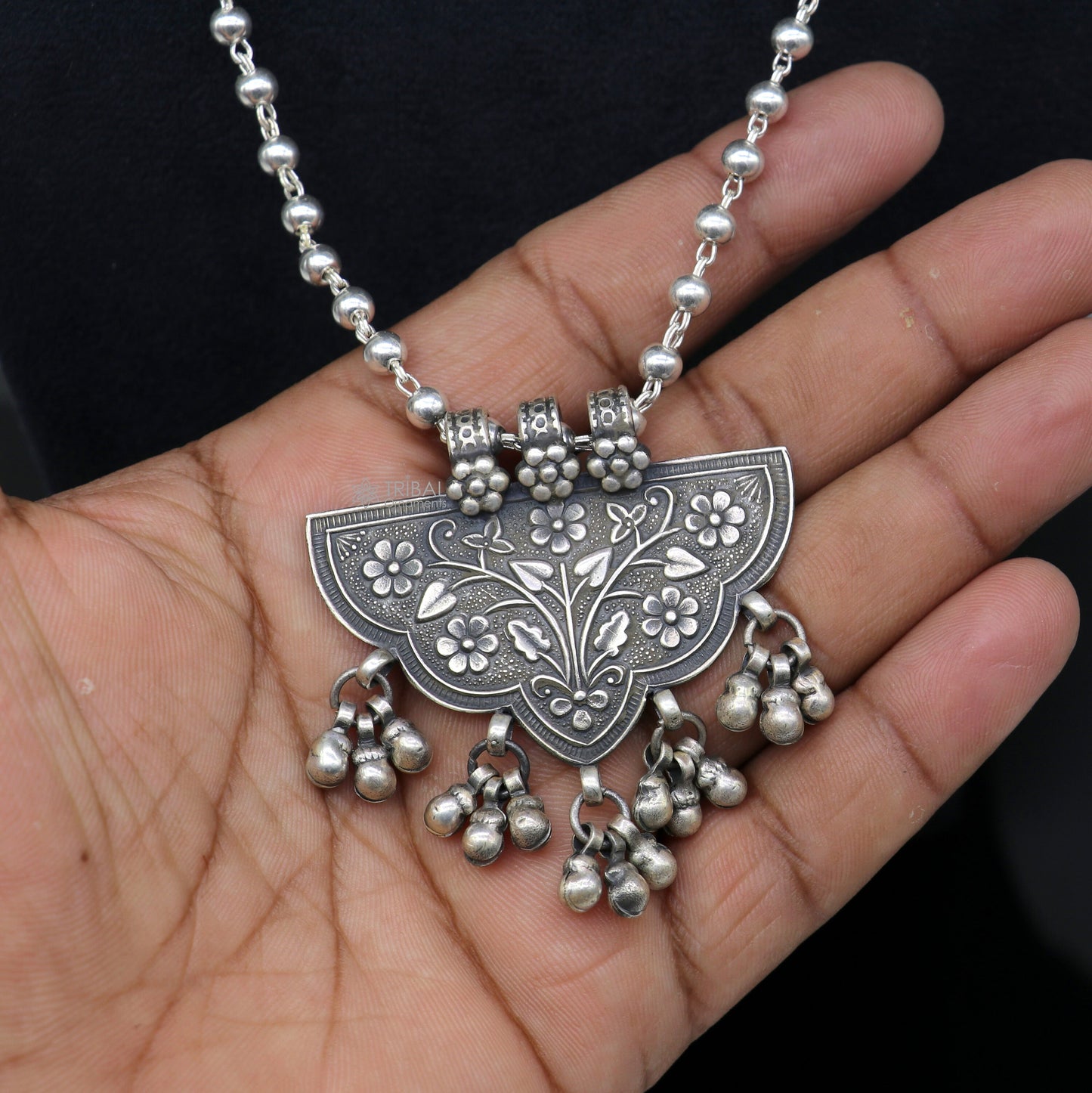 India traditional cultural style handmade 925 sterling silver chitai work pendant with silver beaded necklace best for all outfit set693 - TRIBAL ORNAMENTS
