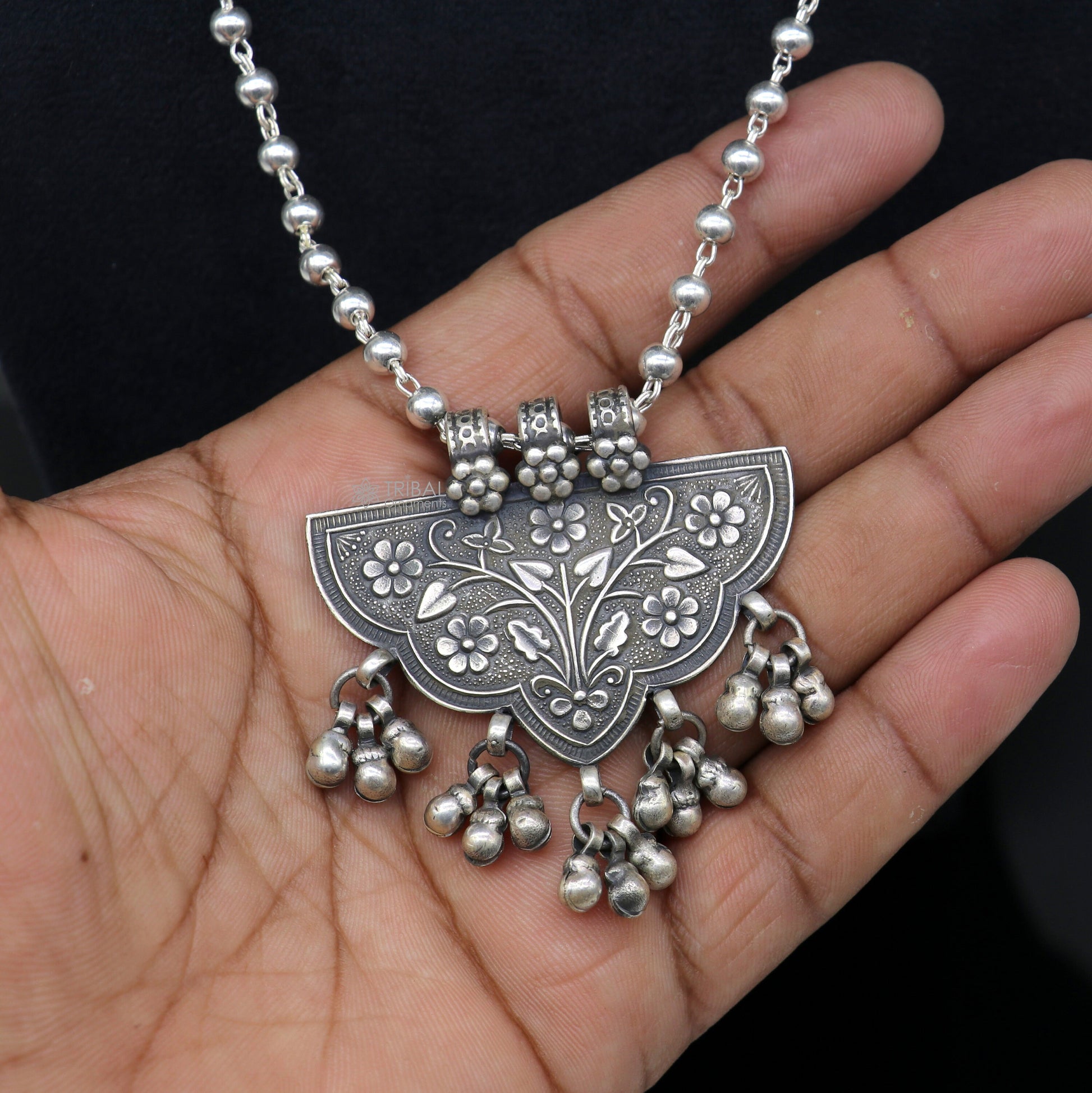 India traditional cultural style handmade 925 sterling silver chitai work pendant with silver beaded necklace best for all outfit set693 - TRIBAL ORNAMENTS